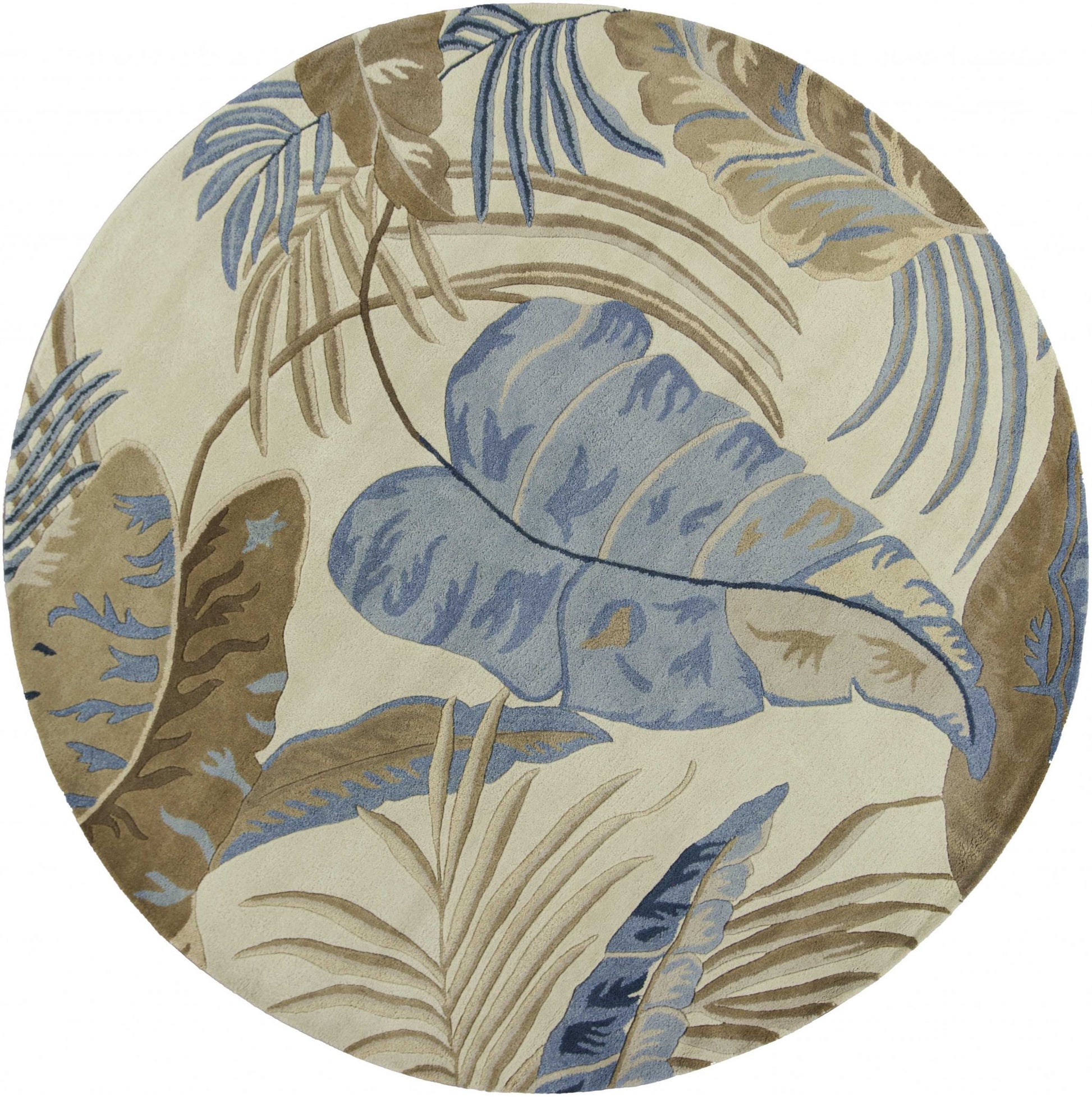 5' X 8' Ivory Blue And Brown Wool Tropical Botanical Hand Tufted Area Rug-Area Rugs-DECOROLALA