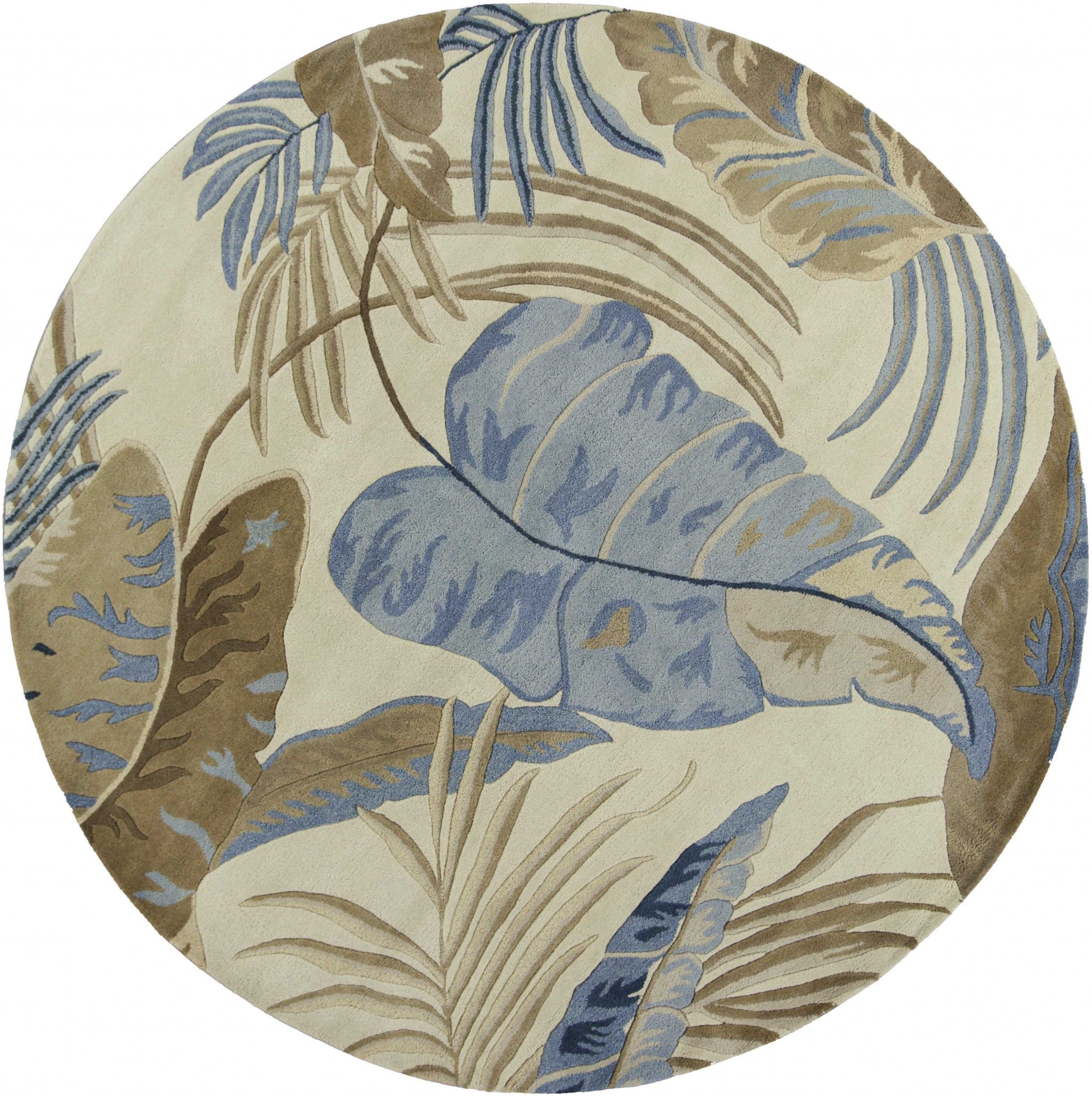 5' X 8' Ivory Blue And Brown Wool Tropical Botanical Hand Tufted Area Rug-Area Rugs-DECOROLALA