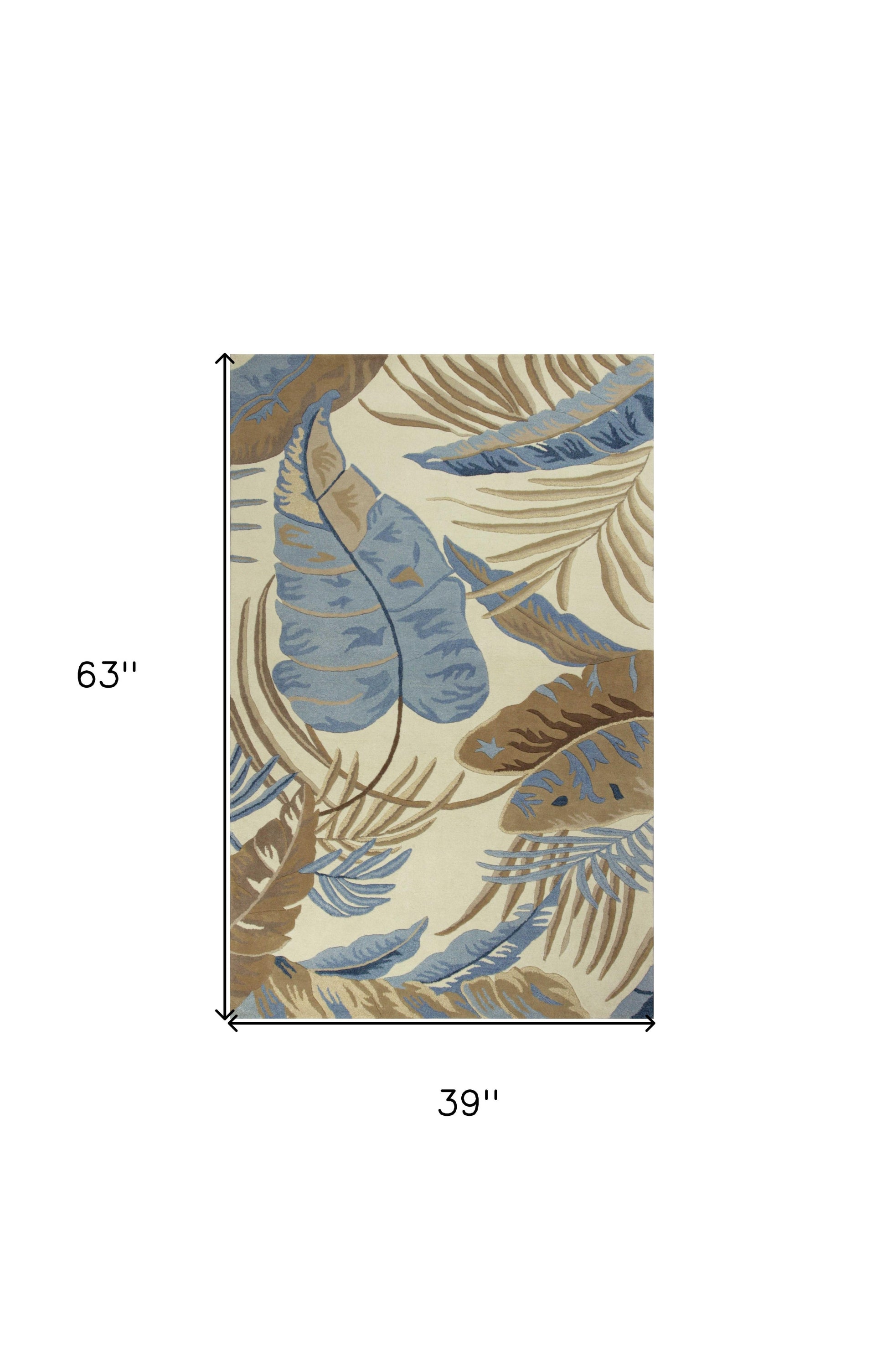 5' X 8' Ivory Blue And Brown Wool Tropical Botanical Hand Tufted Area Rug-Area Rugs-DECOROLALA