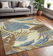 5' X 8' Ivory Blue And Brown Wool Tropical Botanical Hand Tufted Area Rug-Area Rugs-DECOROLALA