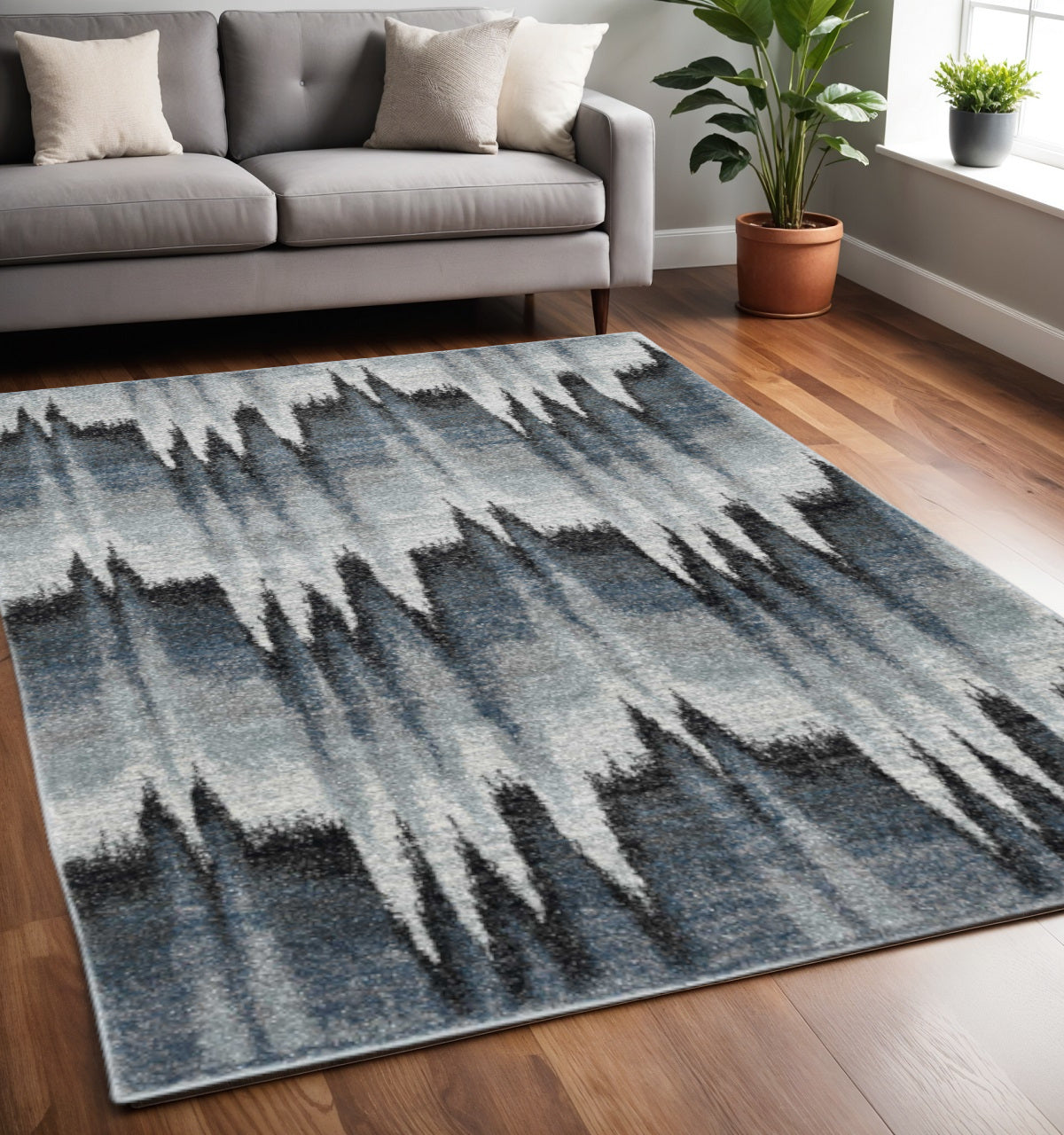 5' X 8' Ivory Blue And Gray Abstract Area Rug-Area Rugs-DECOROLALA