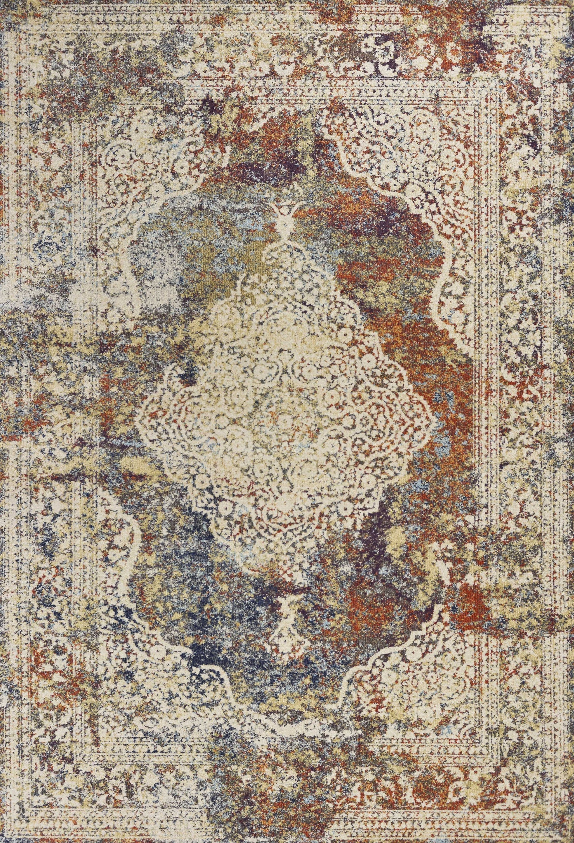 5' X 8' Ivory Blue And Orange Medallion Area Rug-Area Rugs-DECOROLALA