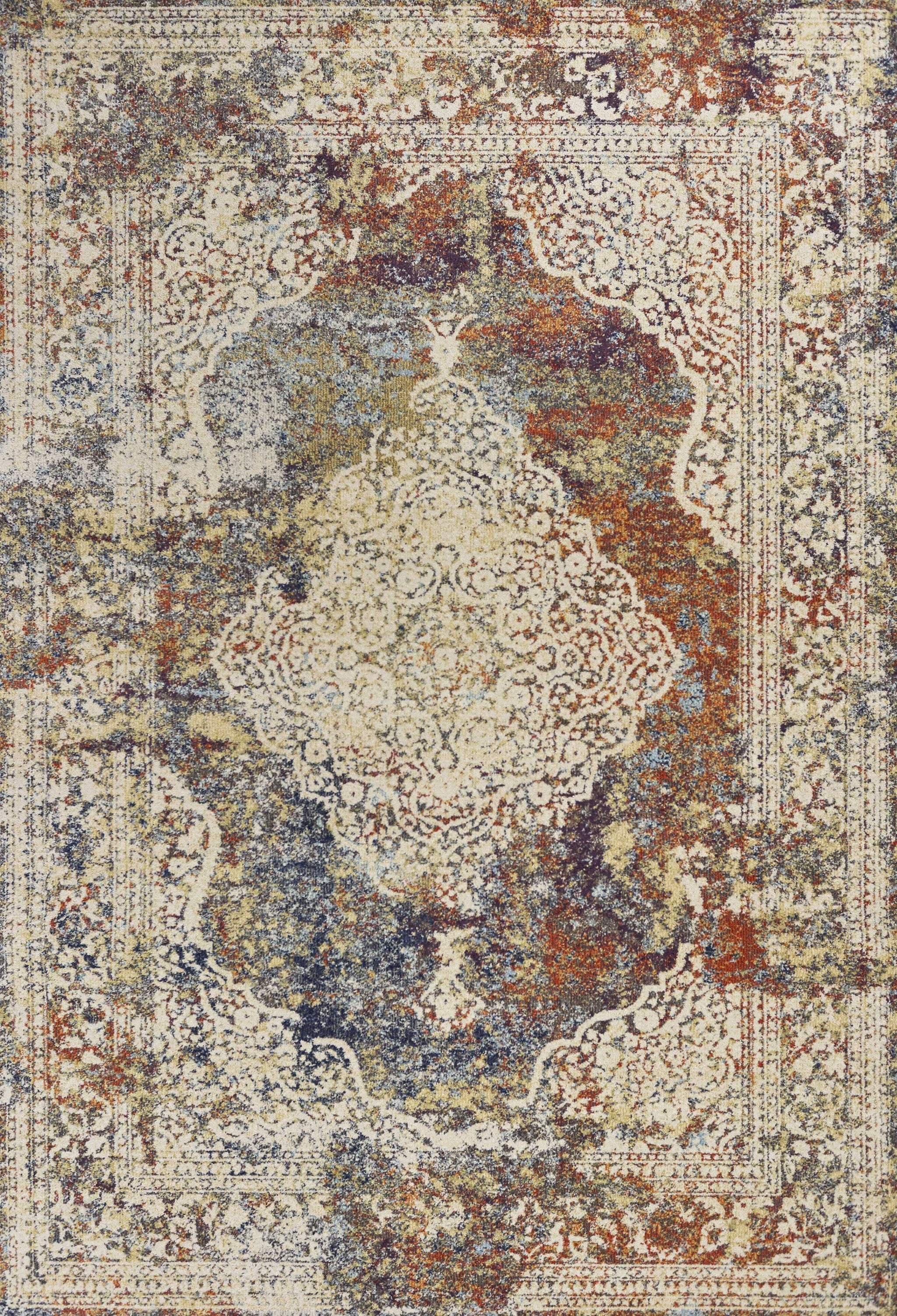 5' X 8' Ivory Blue And Orange Medallion Area Rug-Area Rugs-DECOROLALA