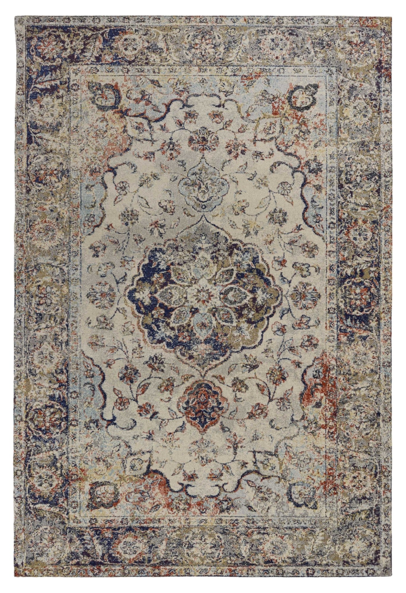 5' X 8' Ivory Blue And Orange Medallion Area Rug-Area Rugs-DECOROLALA