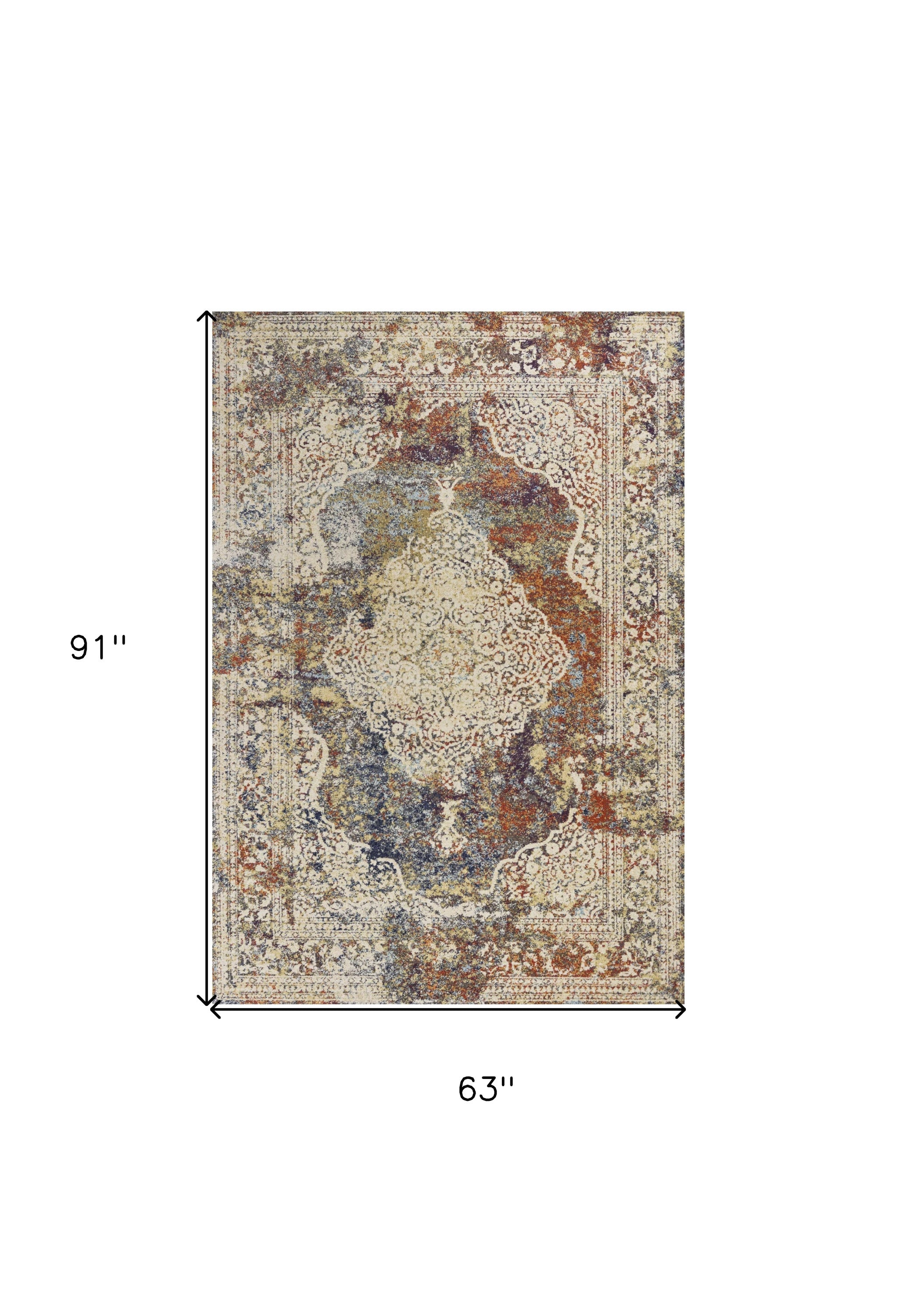 5' X 8' Ivory Blue And Orange Medallion Area Rug-Area Rugs-DECOROLALA