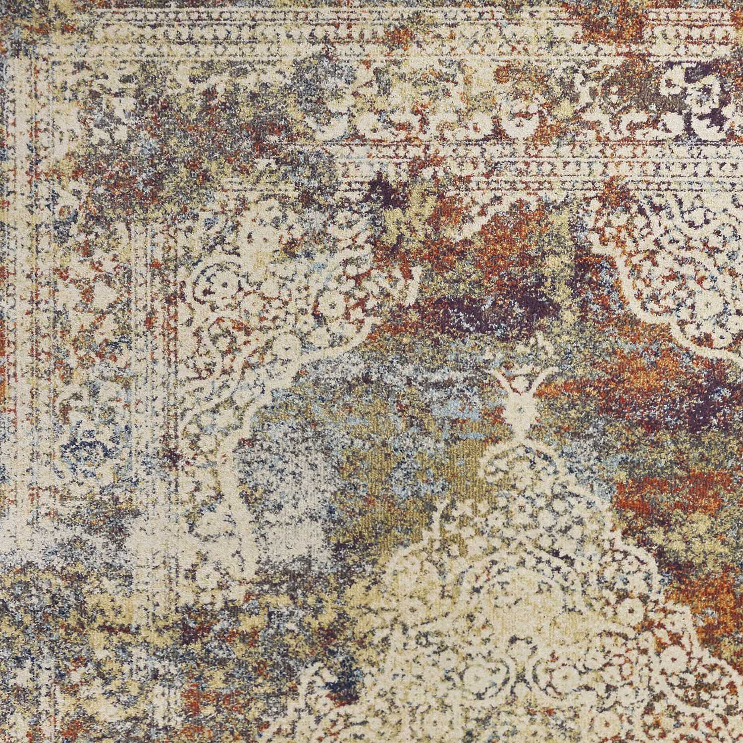 5' X 8' Ivory Blue And Orange Medallion Area Rug-Area Rugs-DECOROLALA