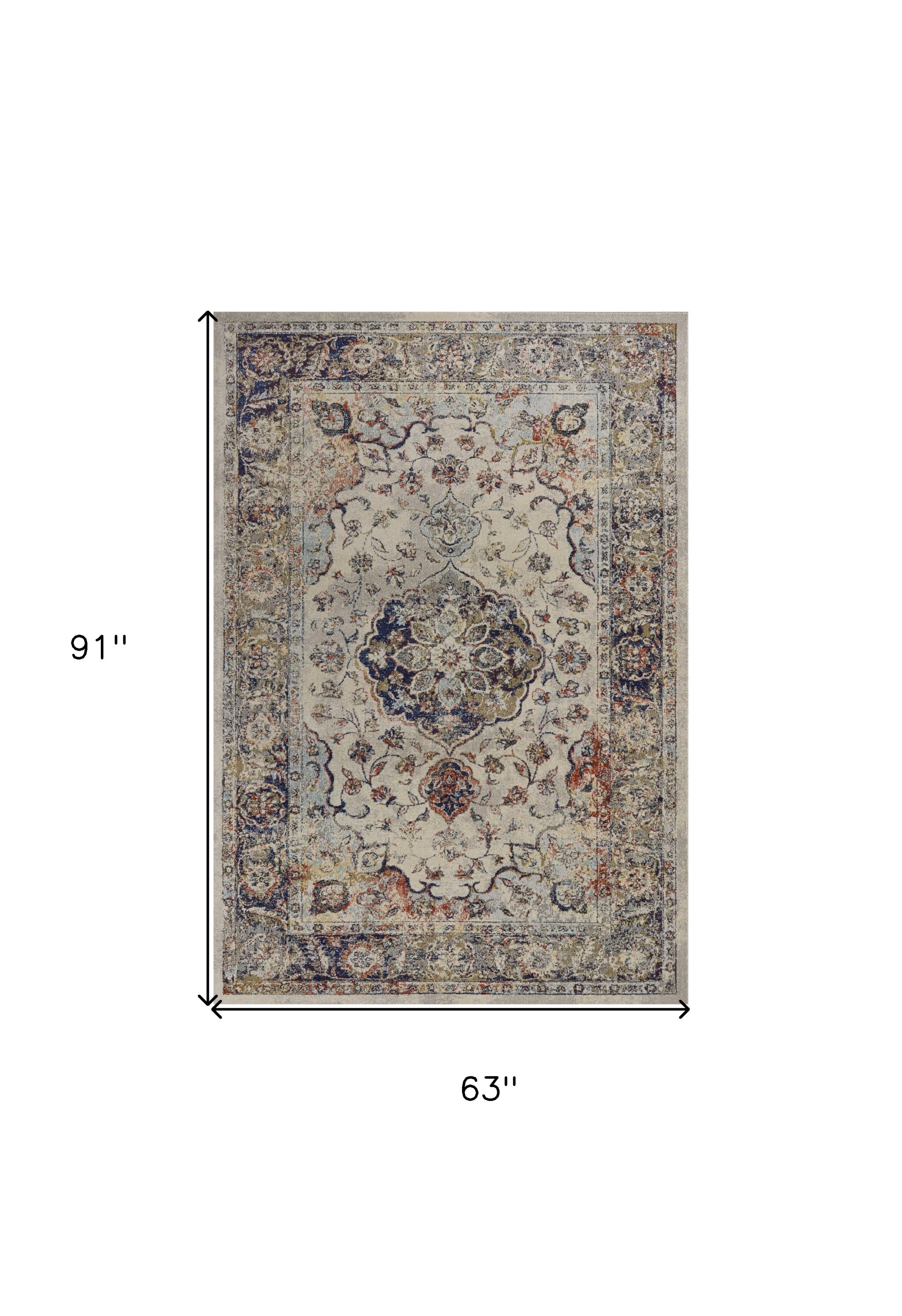 5' X 8' Ivory Blue And Orange Medallion Area Rug-Area Rugs-DECOROLALA
