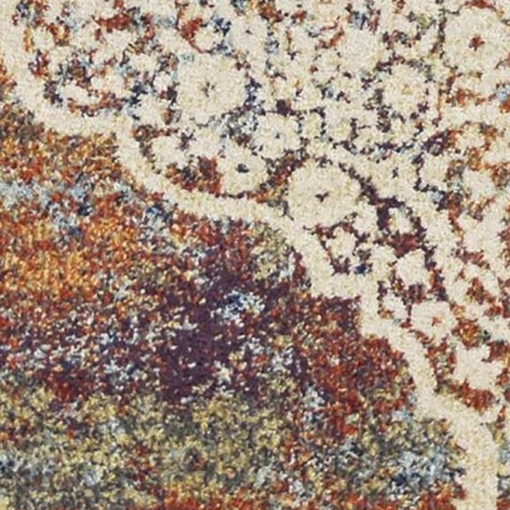 5' X 8' Ivory Blue And Orange Medallion Area Rug-Area Rugs-DECOROLALA