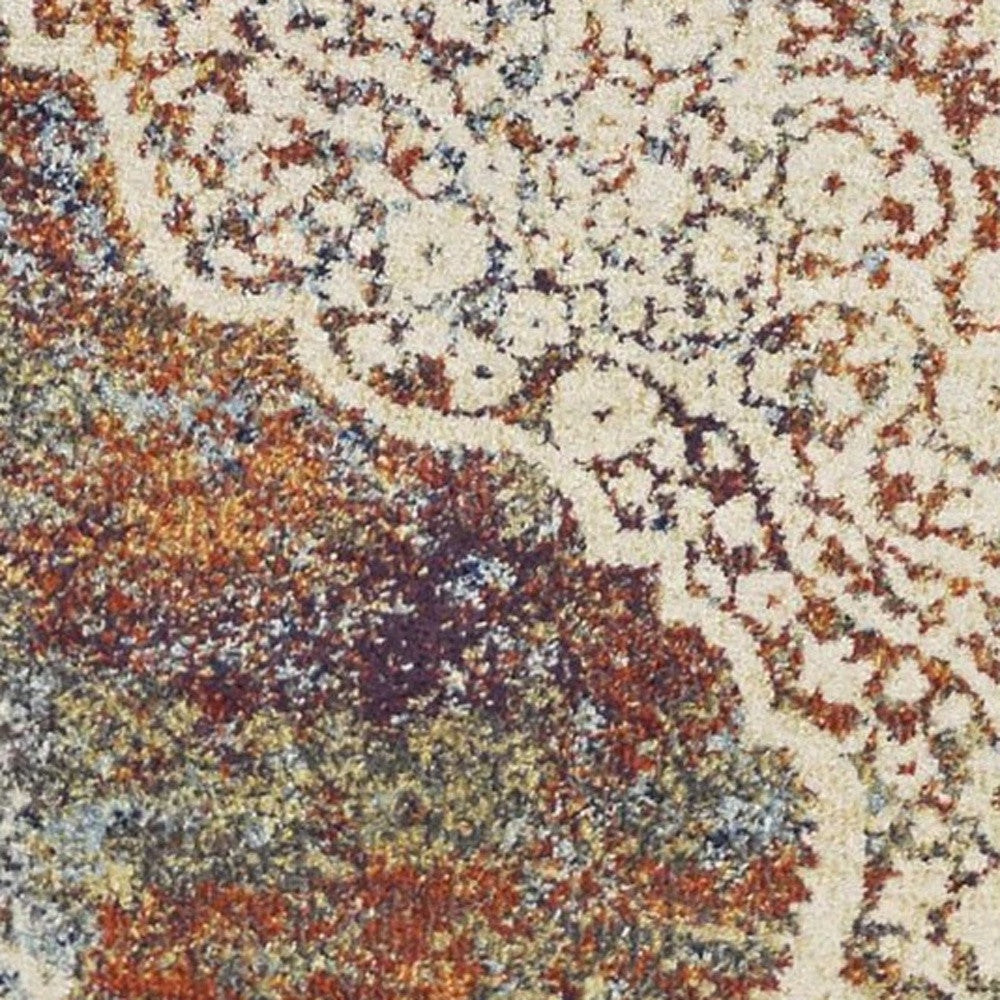 5' X 8' Ivory Blue And Orange Medallion Area Rug-Area Rugs-DECOROLALA