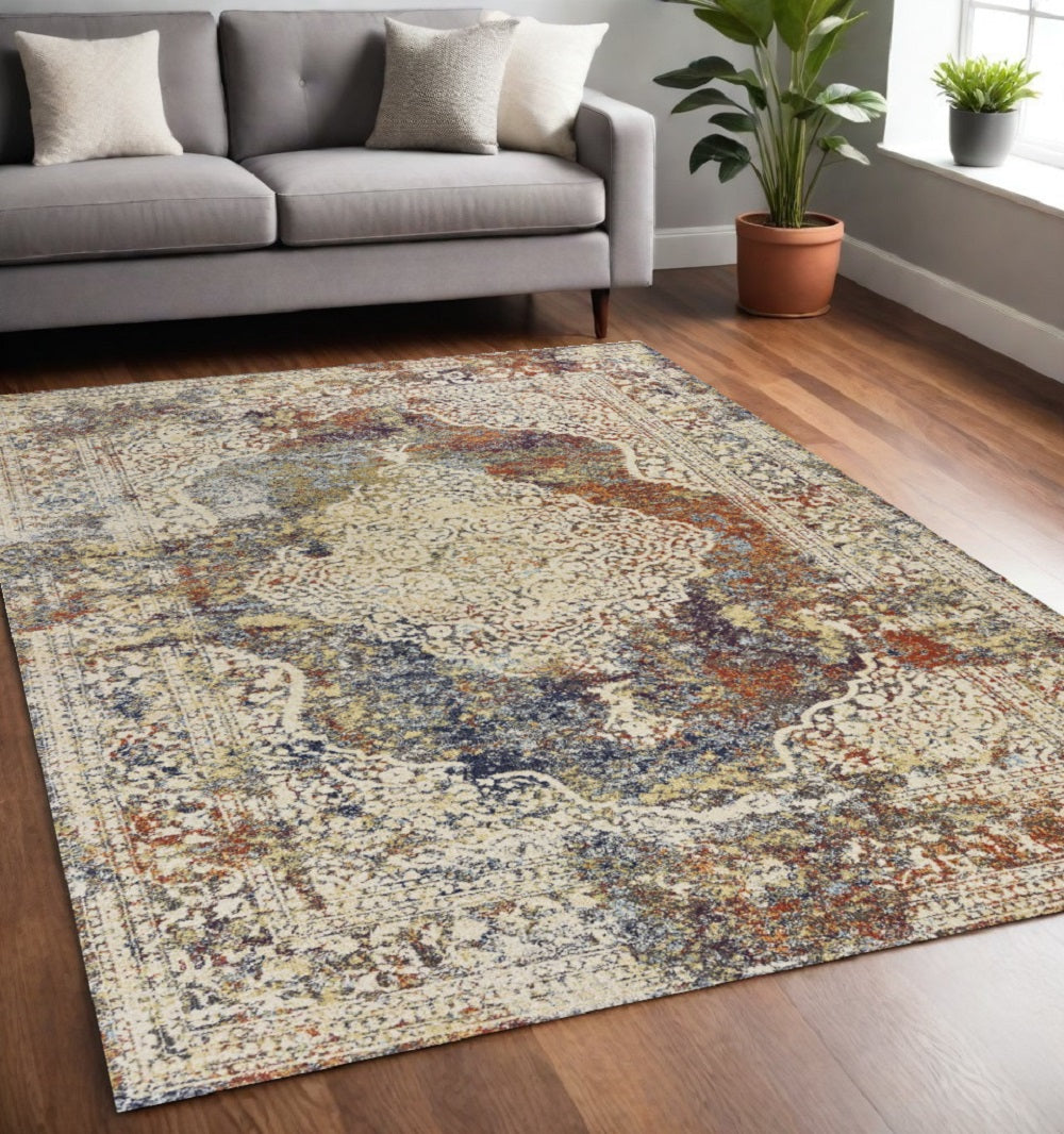 5' X 8' Ivory Blue And Orange Medallion Area Rug-Area Rugs-DECOROLALA