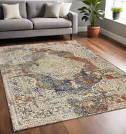 5' X 8' Ivory Blue And Orange Medallion Area Rug-Area Rugs-DECOROLALA