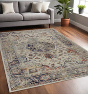 5' X 8' Ivory Blue And Orange Medallion Area Rug-Area Rugs-DECOROLALA