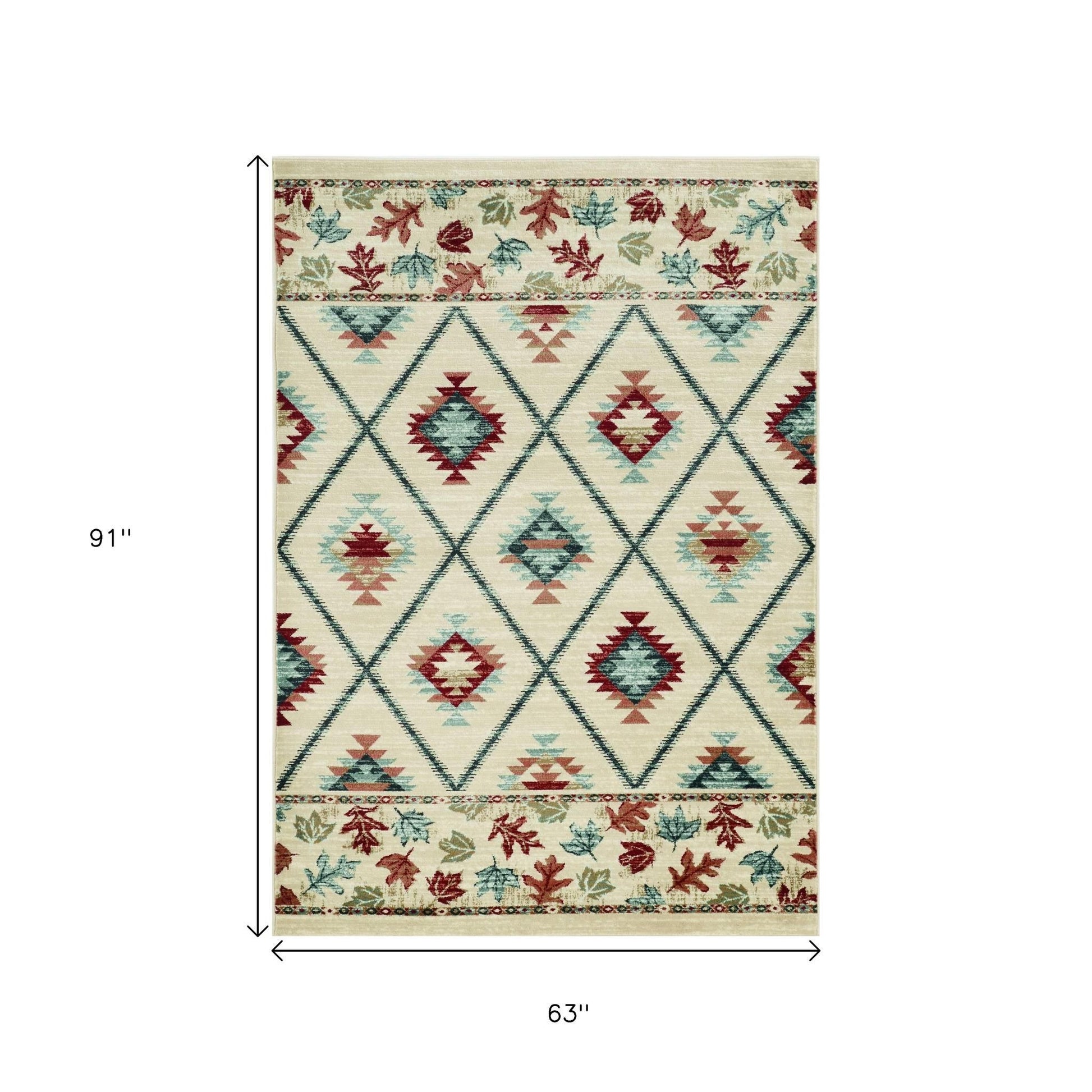 5' X 8' Ivory Blue And Red Southwestern Area Rug-Area Rugs-DECOROLALA