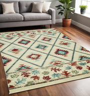 5' X 8' Ivory Blue And Red Southwestern Area Rug-Area Rugs-DECOROLALA