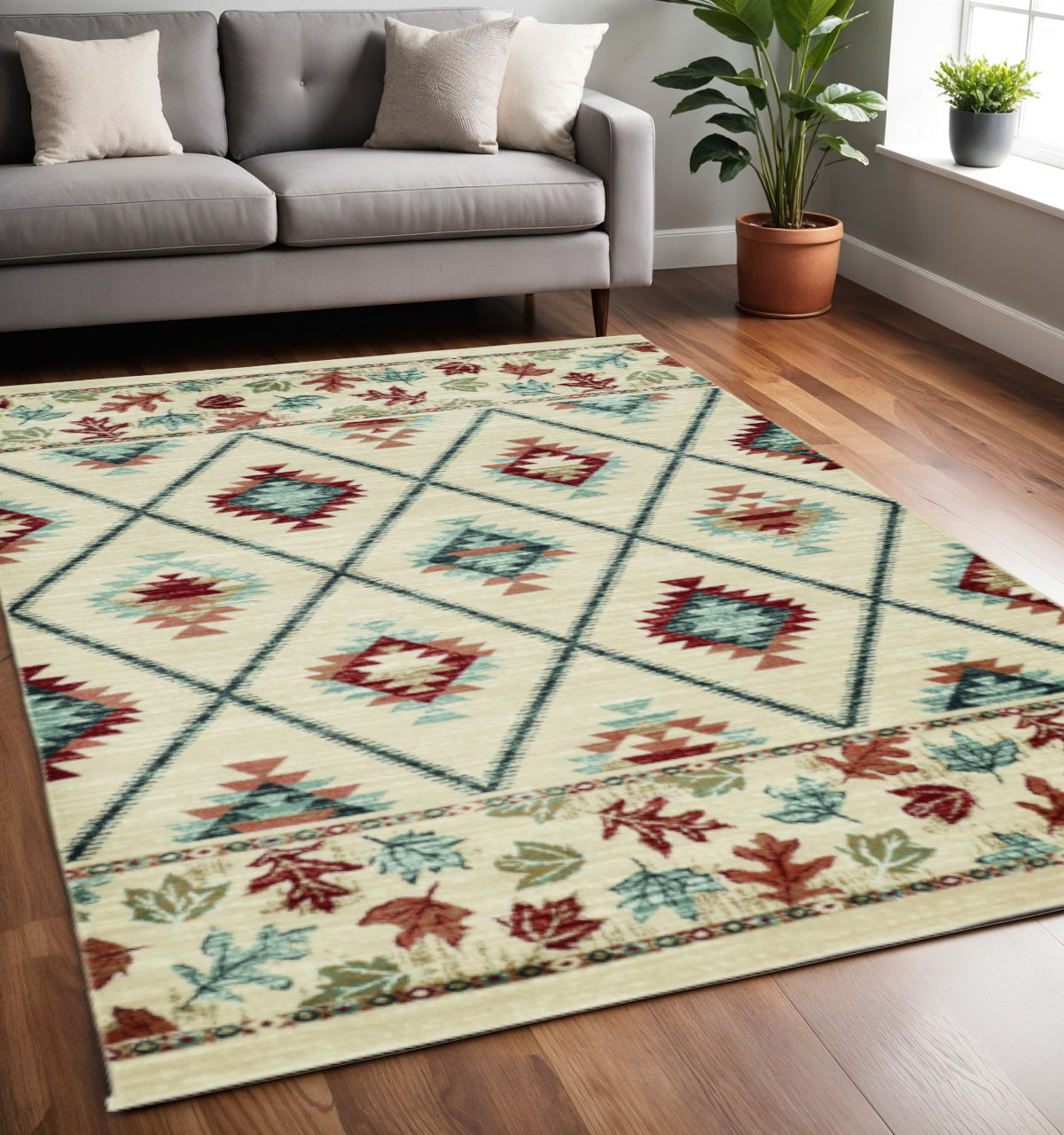 5' X 8' Ivory Blue And Red Southwestern Area Rug-Area Rugs-DECOROLALA
