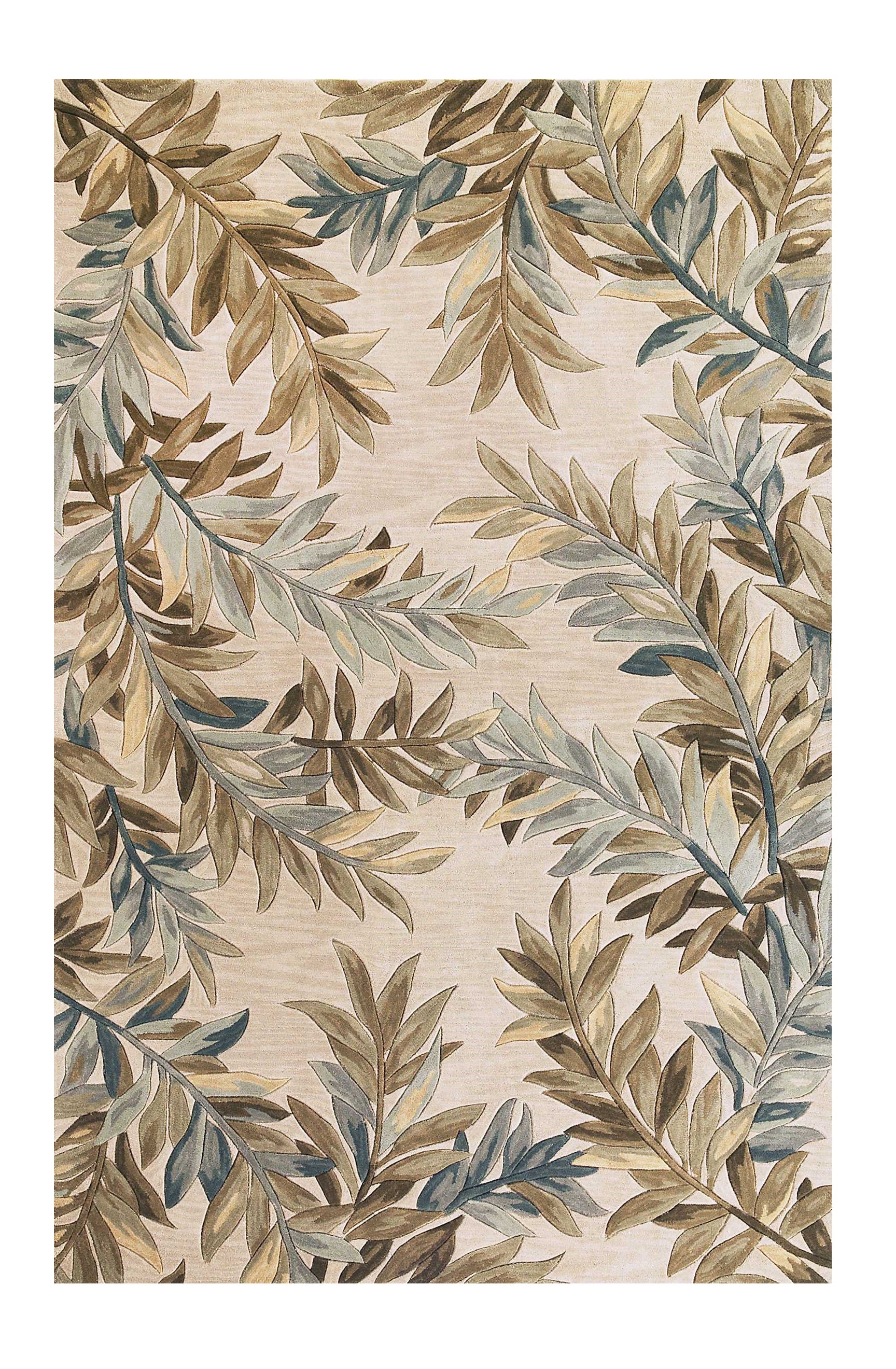 5' X 8' Ivory Brown And Blue Wool Botanical Leaves Hand Tufted Area Rug-Area Rugs-DECOROLALA