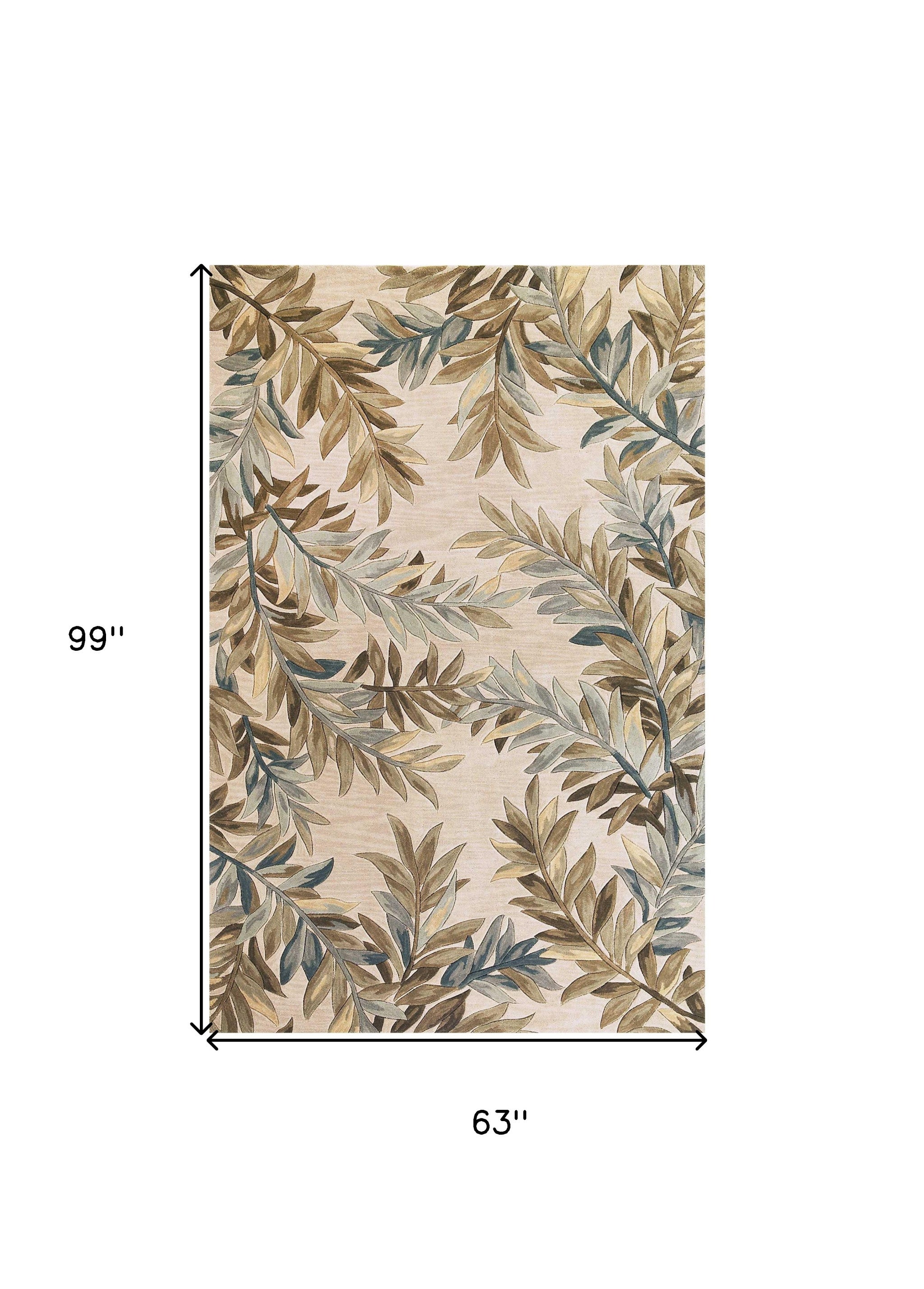5' X 8' Ivory Brown And Blue Wool Botanical Leaves Hand Tufted Area Rug-Area Rugs-DECOROLALA