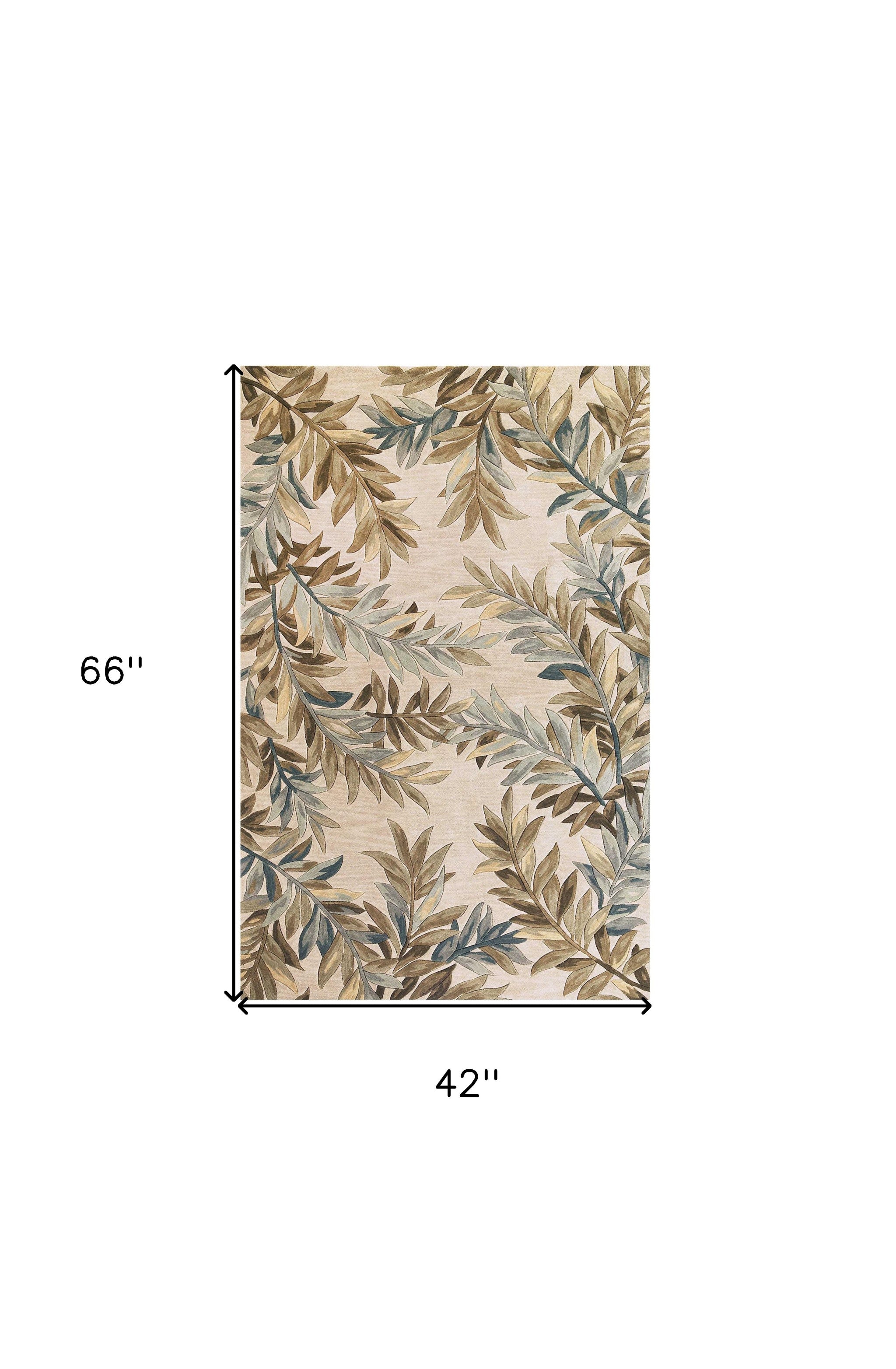 5' X 8' Ivory Brown And Blue Wool Botanical Leaves Hand Tufted Area Rug-Area Rugs-DECOROLALA