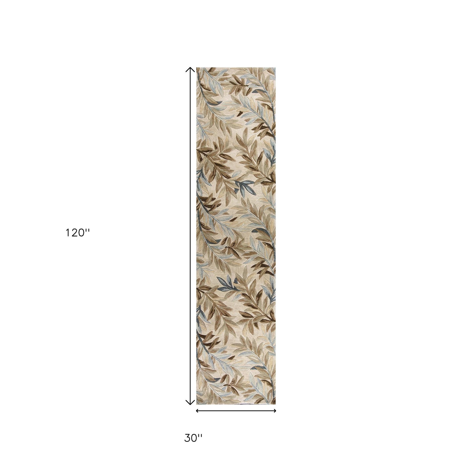 5' X 8' Ivory Brown And Blue Wool Botanical Leaves Hand Tufted Area Rug-Area Rugs-DECOROLALA