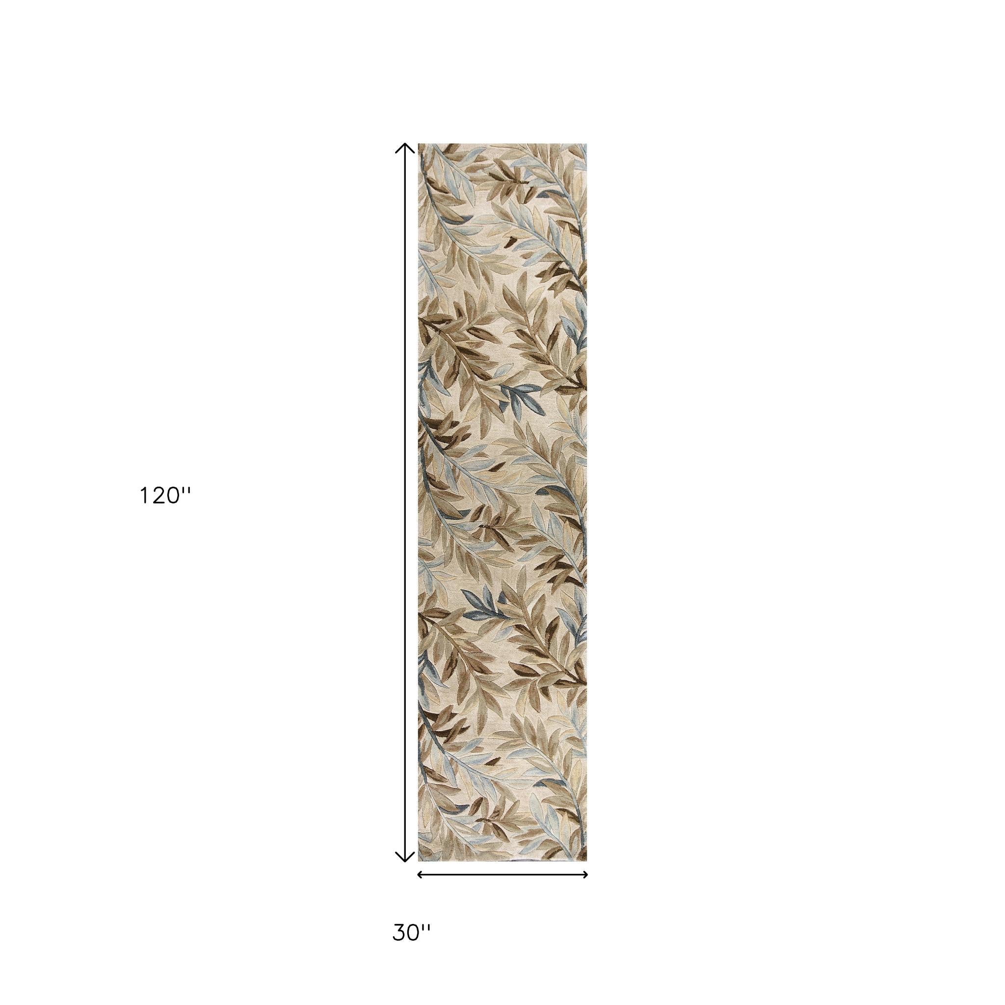 5' X 8' Ivory Brown And Blue Wool Botanical Leaves Hand Tufted Area Rug-Area Rugs-DECOROLALA