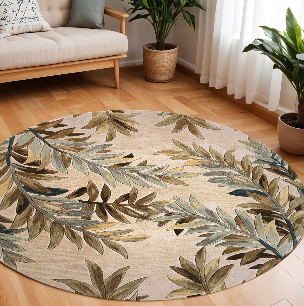 5' X 8' Ivory Brown And Blue Wool Botanical Leaves Hand Tufted Area Rug-Area Rugs-DECOROLALA