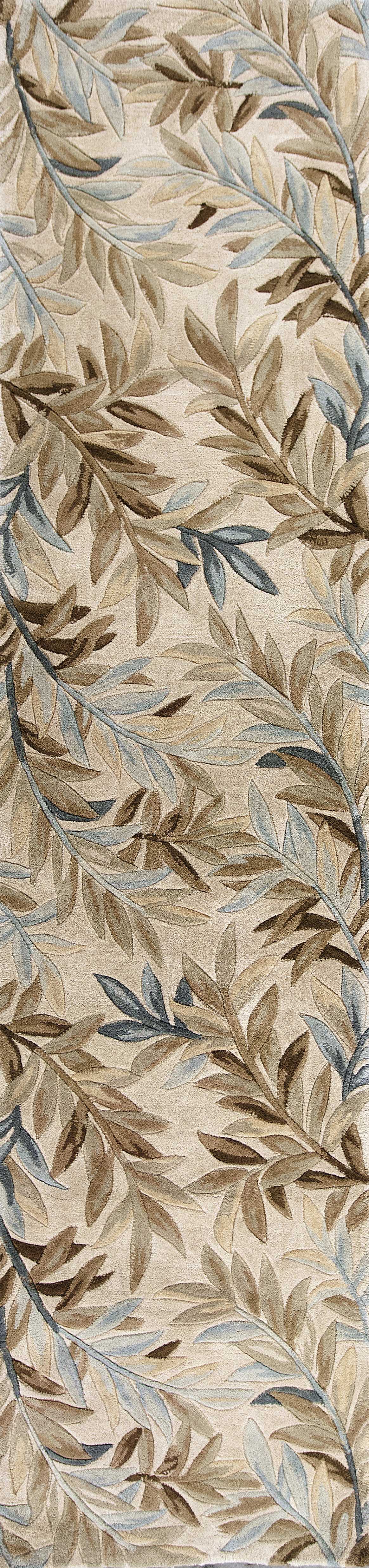 5' X 8' Ivory Brown And Blue Wool Botanical Leaves Hand Tufted Area Rug-Area Rugs-DECOROLALA