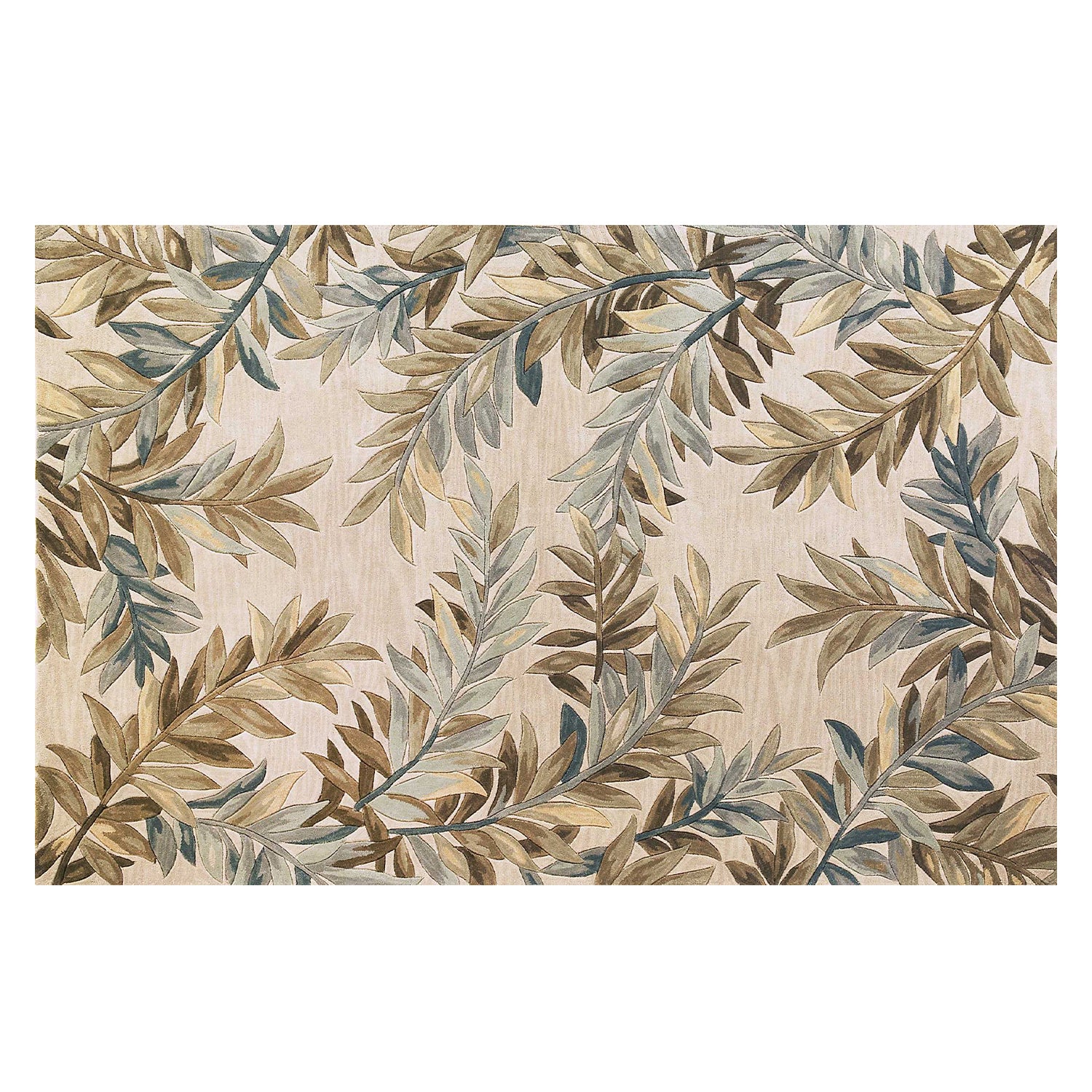 5' X 8' Ivory Brown And Blue Wool Botanical Leaves Hand Tufted Area Rug-Area Rugs-DECOROLALA