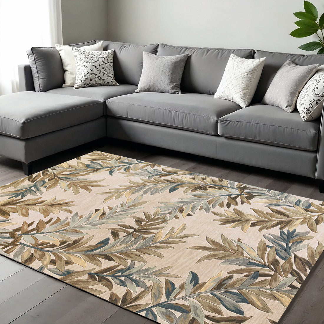 5' X 8' Ivory Brown And Blue Wool Botanical Leaves Hand Tufted Area Rug-Area Rugs-DECOROLALA
