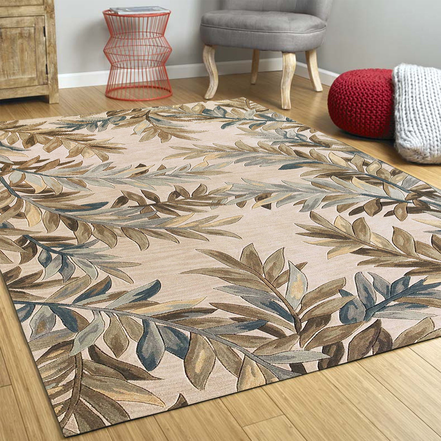 5' X 8' Ivory Brown And Blue Wool Botanical Leaves Hand Tufted Area Rug-Area Rugs-DECOROLALA