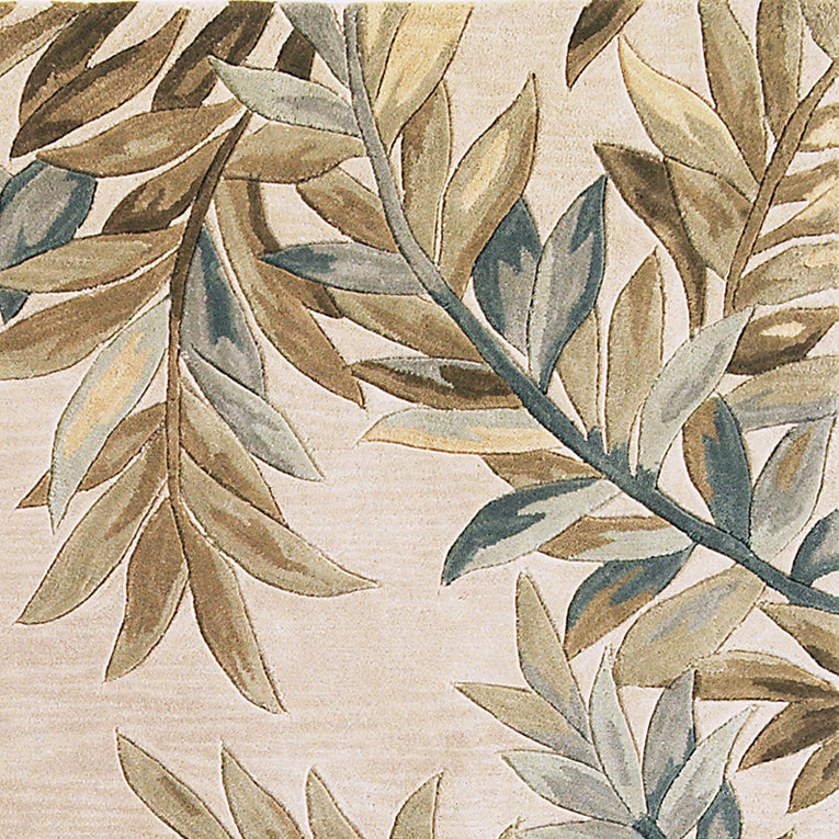 5' X 8' Ivory Brown And Blue Wool Botanical Leaves Hand Tufted Area Rug-Area Rugs-DECOROLALA