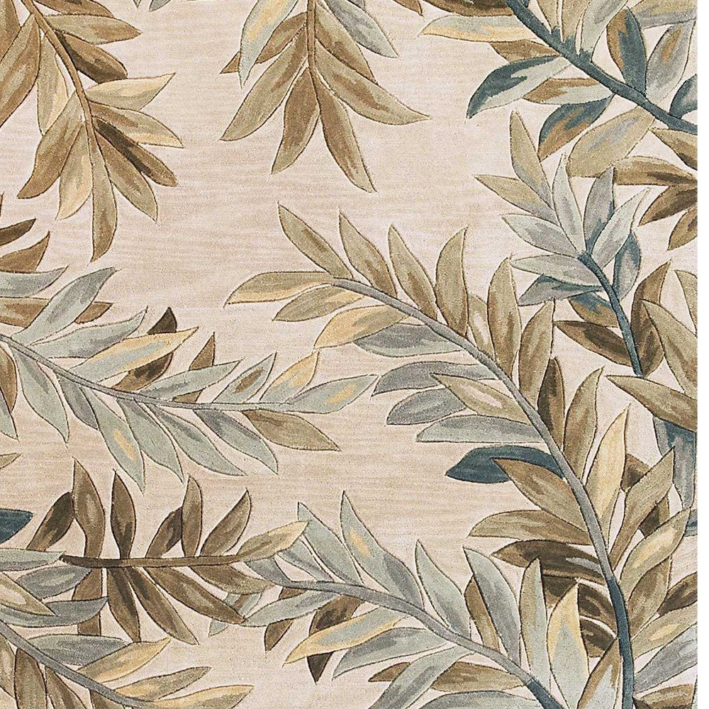 5' X 8' Ivory Brown And Blue Wool Botanical Leaves Hand Tufted Area Rug-Area Rugs-DECOROLALA