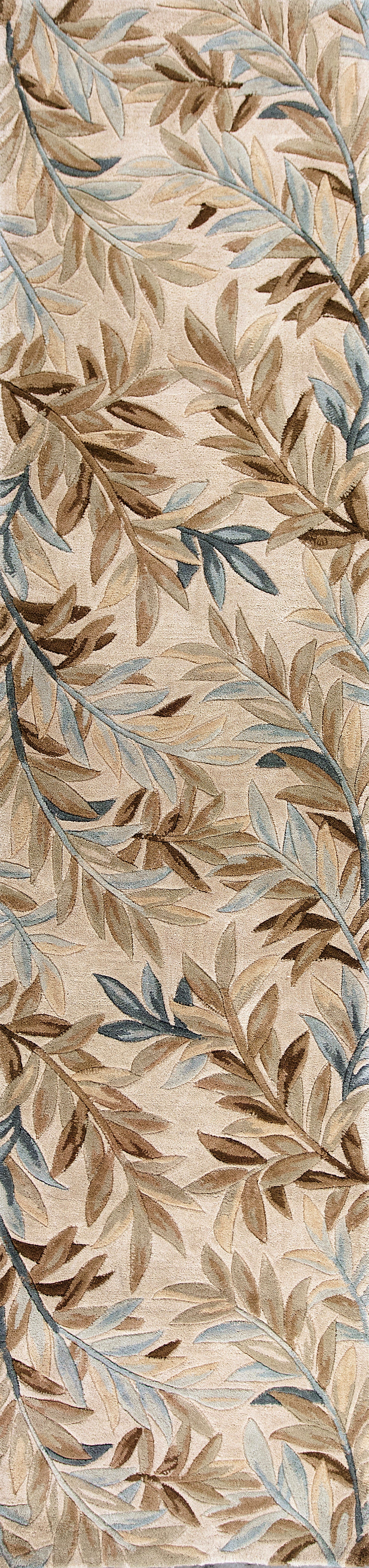 5' X 8' Ivory Brown And Blue Wool Botanical Leaves Hand Tufted Area Rug-Area Rugs-DECOROLALA