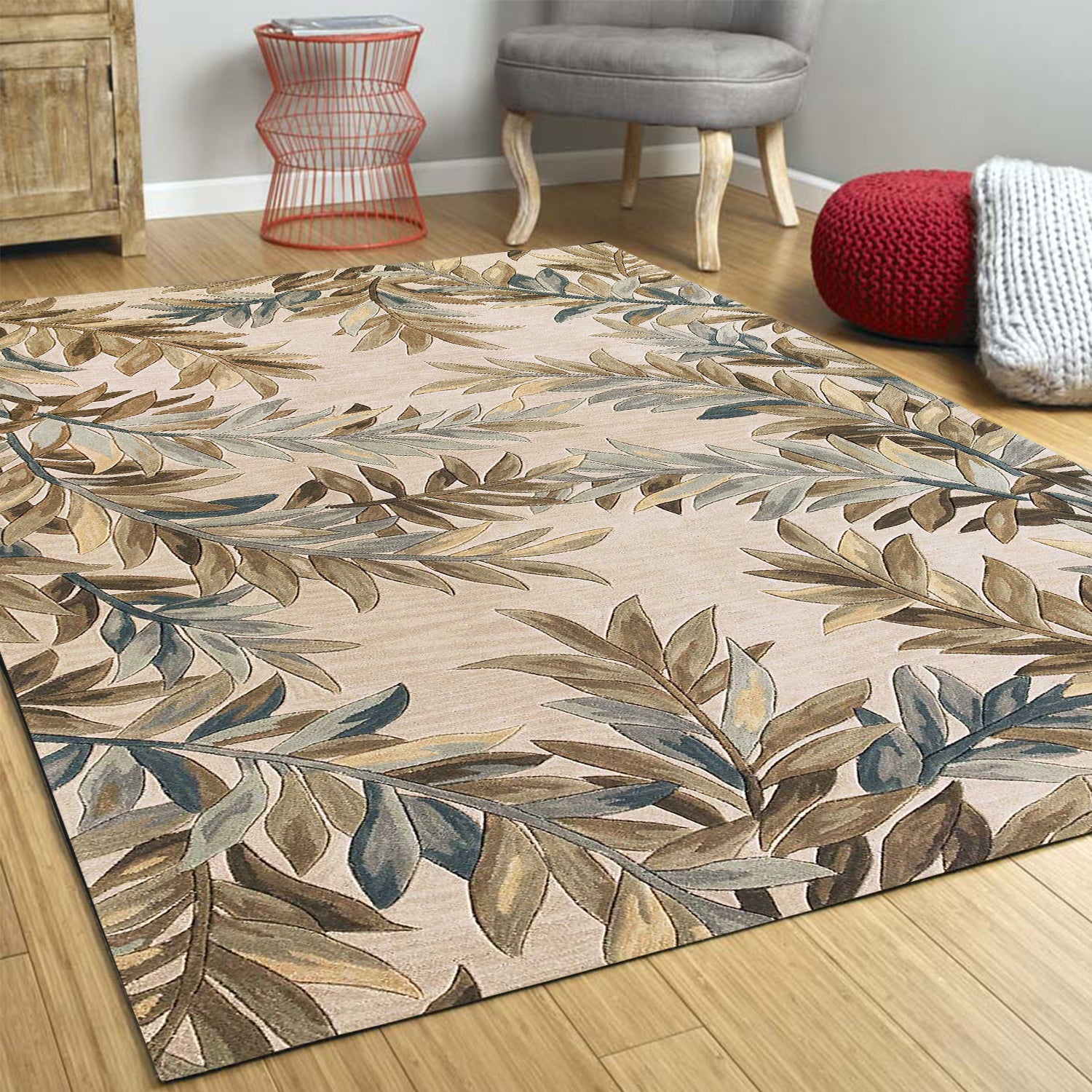 5' X 8' Ivory Brown And Blue Wool Botanical Leaves Hand Tufted Area Rug-Area Rugs-DECOROLALA