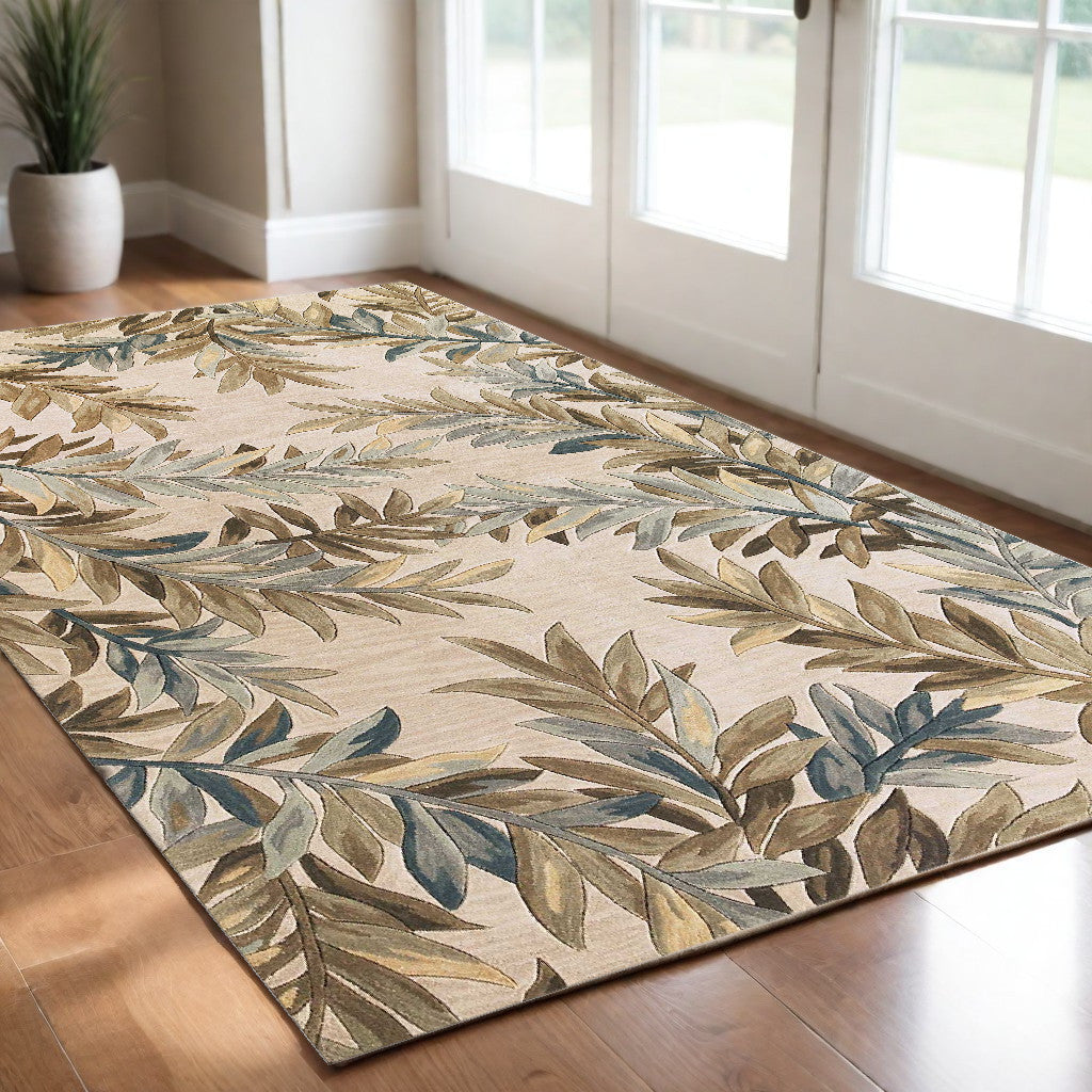 5' X 8' Ivory Brown And Blue Wool Botanical Leaves Hand Tufted Area Rug-Area Rugs-DECOROLALA