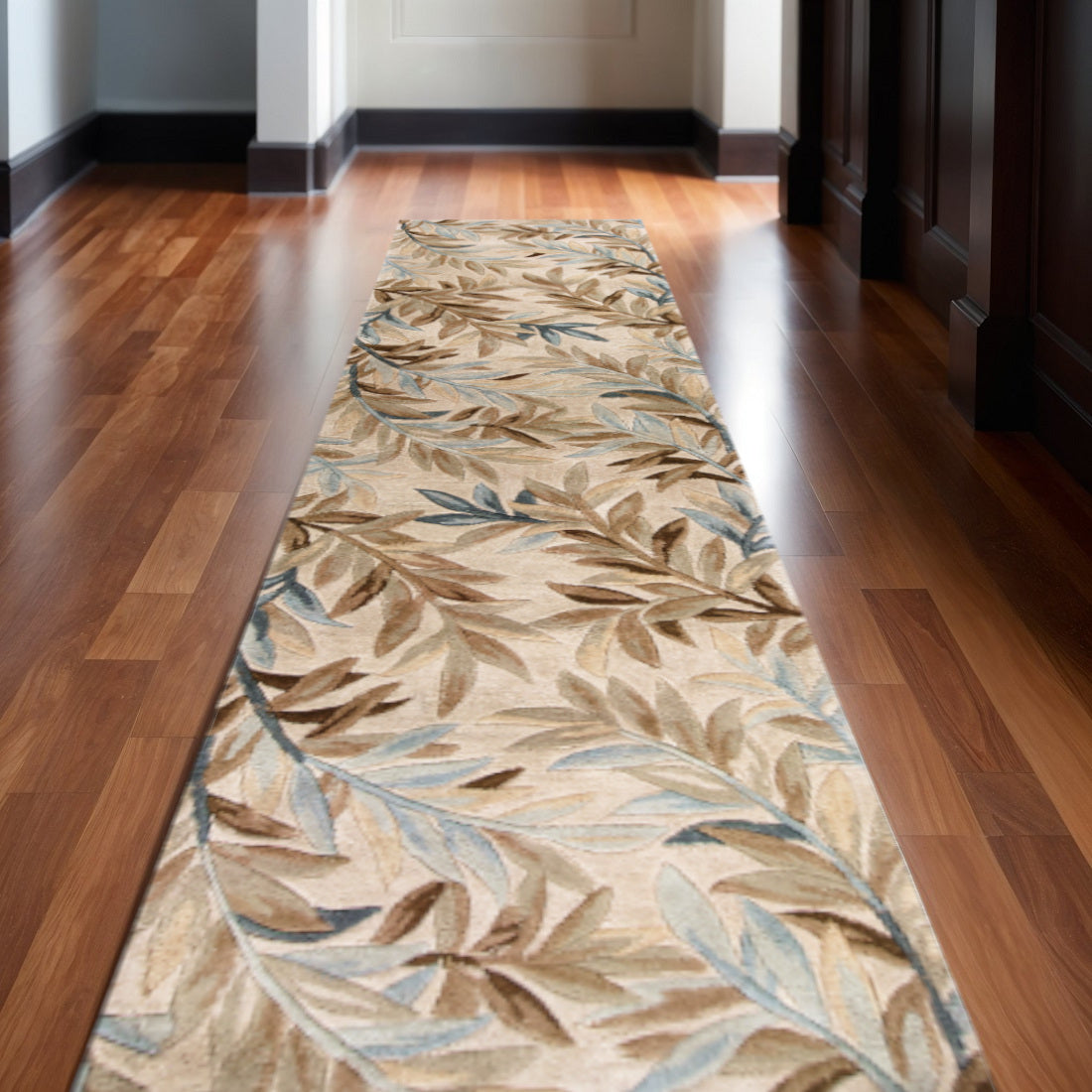 5' X 8' Ivory Brown And Blue Wool Botanical Leaves Hand Tufted Area Rug-Area Rugs-DECOROLALA