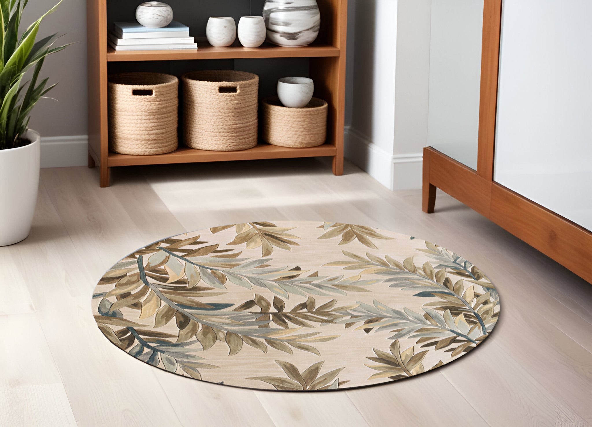 5' X 8' Ivory Brown And Blue Wool Botanical Leaves Hand Tufted Area Rug-Area Rugs-DECOROLALA