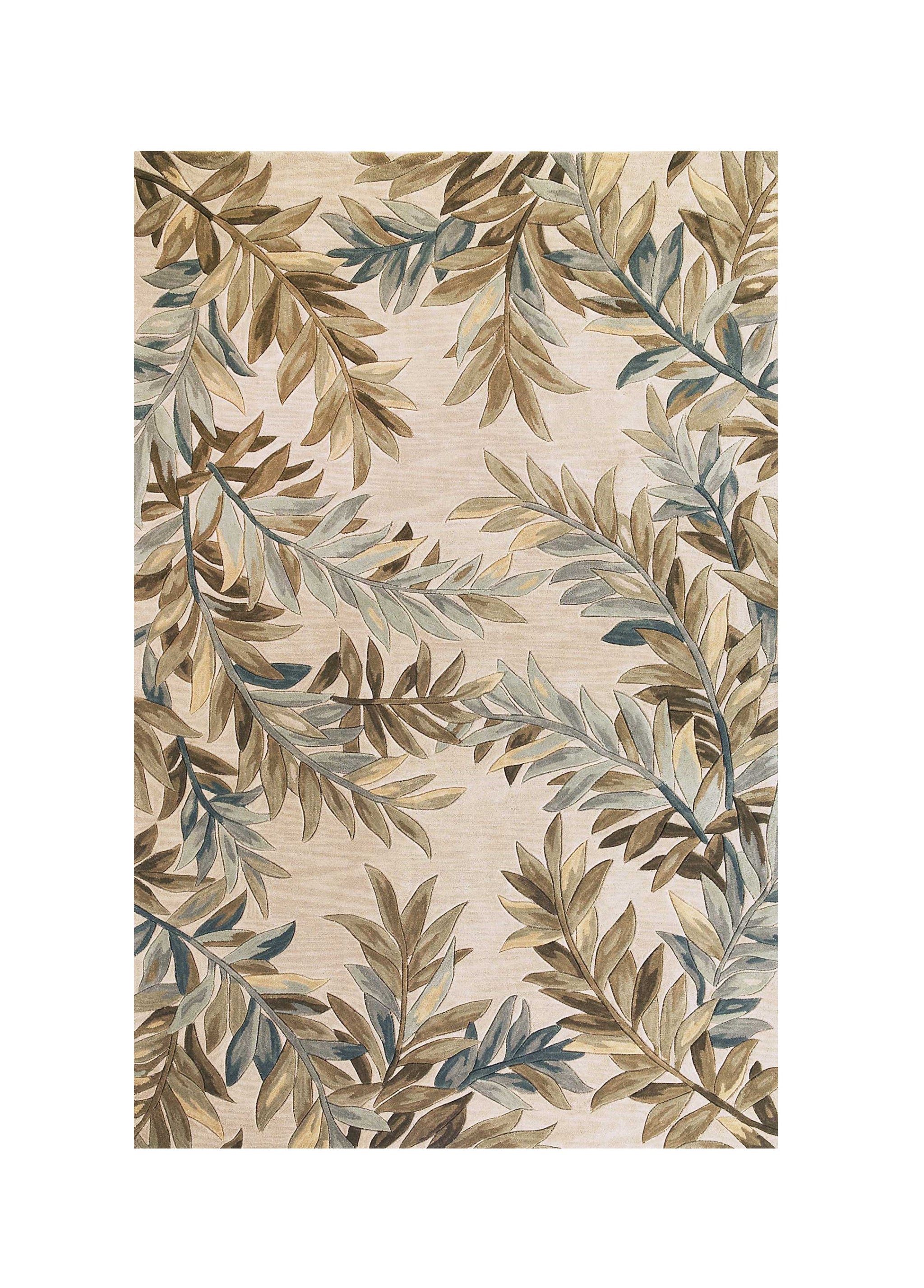 5' X 8' Ivory Brown And Blue Wool Botanical Leaves Hand Tufted Area Rug-Area Rugs-DECOROLALA
