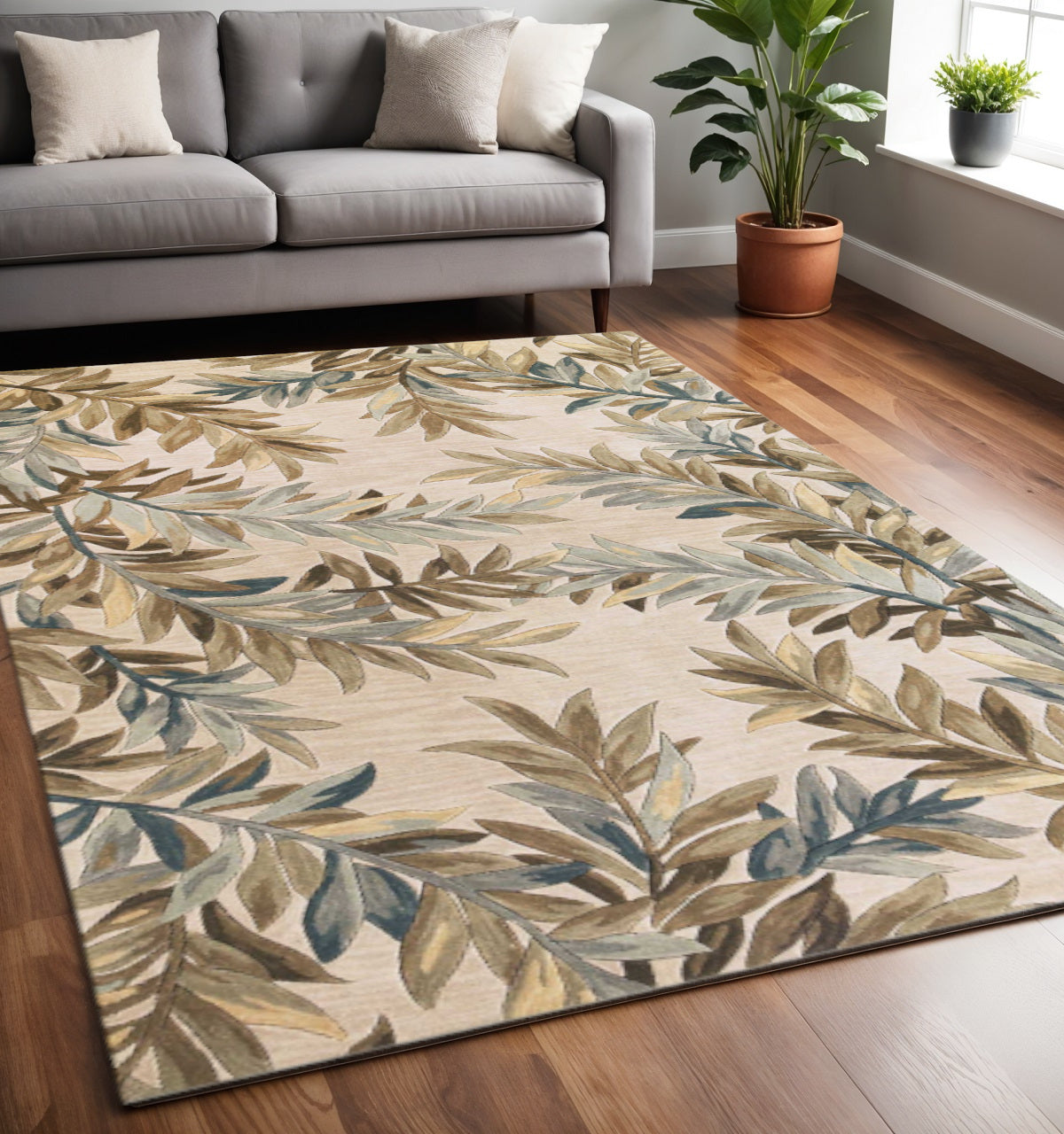 5' X 8' Ivory Brown And Blue Wool Botanical Leaves Hand Tufted Area Rug-Area Rugs-DECOROLALA