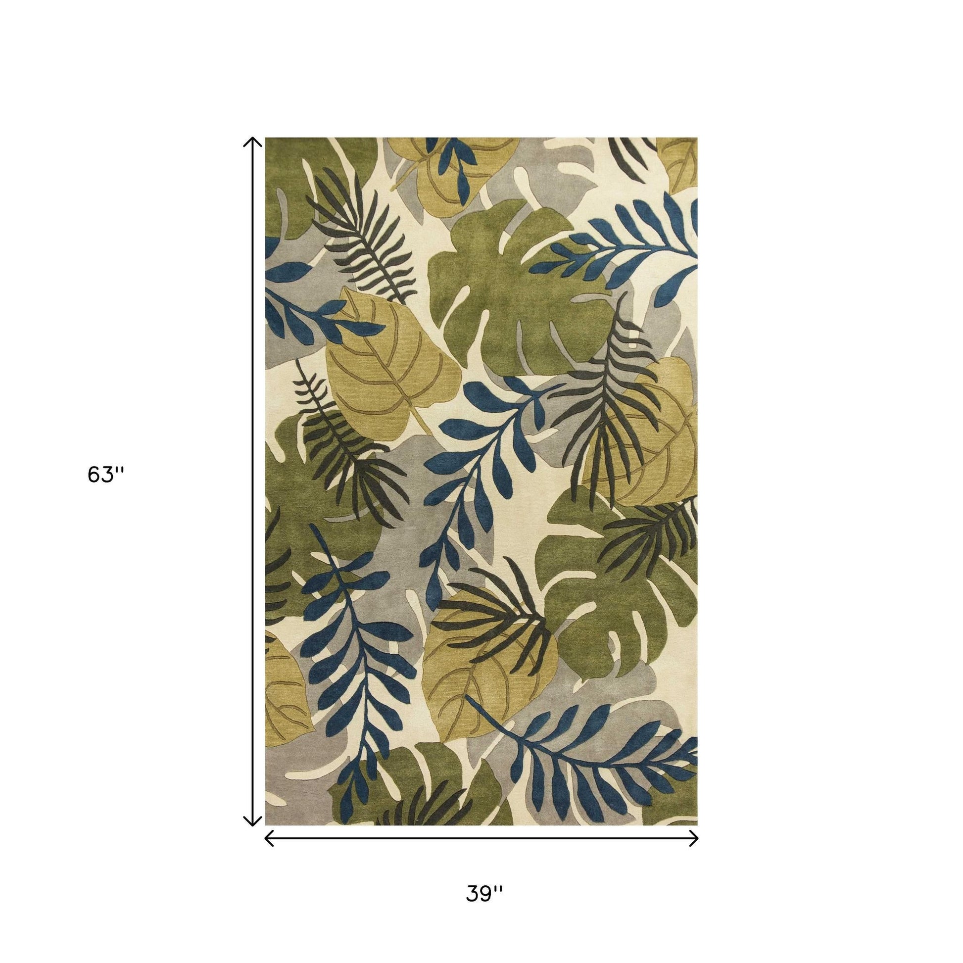 5' X 8' Ivory Green And Blue Wool Botanical Leaves Hand Tufted Area Rug-Area Rugs-DECOROLALA