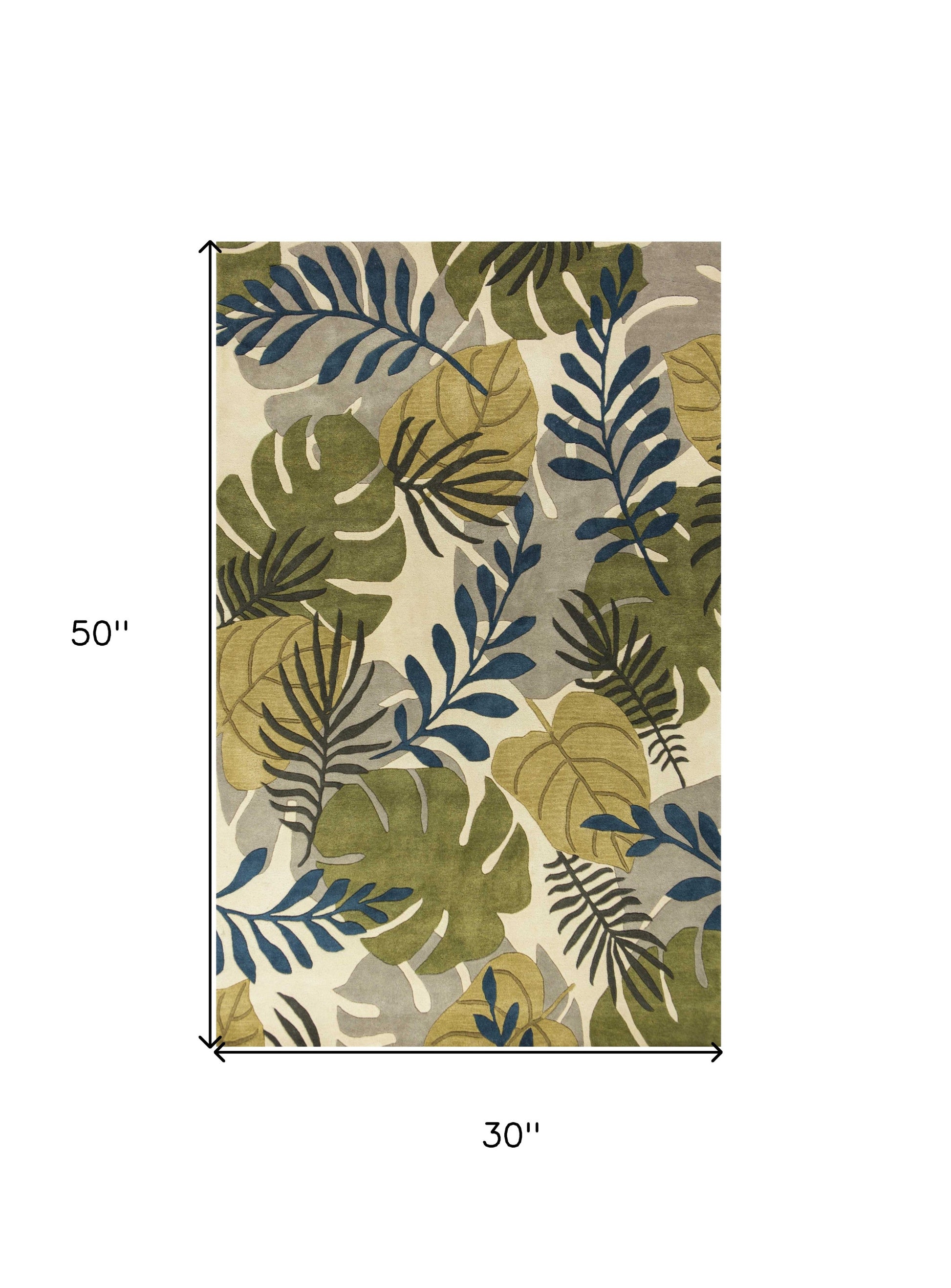 5' X 8' Ivory Green And Blue Wool Botanical Leaves Hand Tufted Area Rug-Area Rugs-DECOROLALA