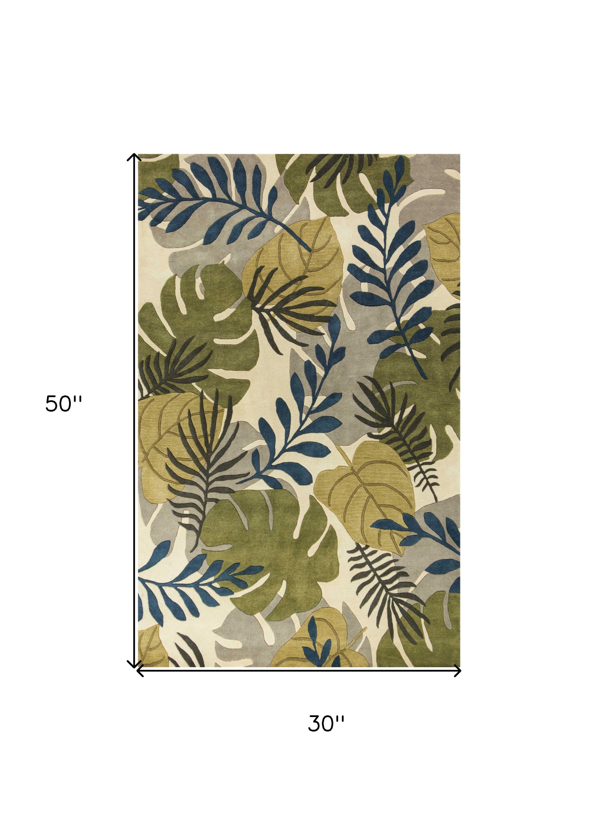 5' X 8' Ivory Green And Blue Wool Botanical Leaves Hand Tufted Area Rug-Area Rugs-DECOROLALA