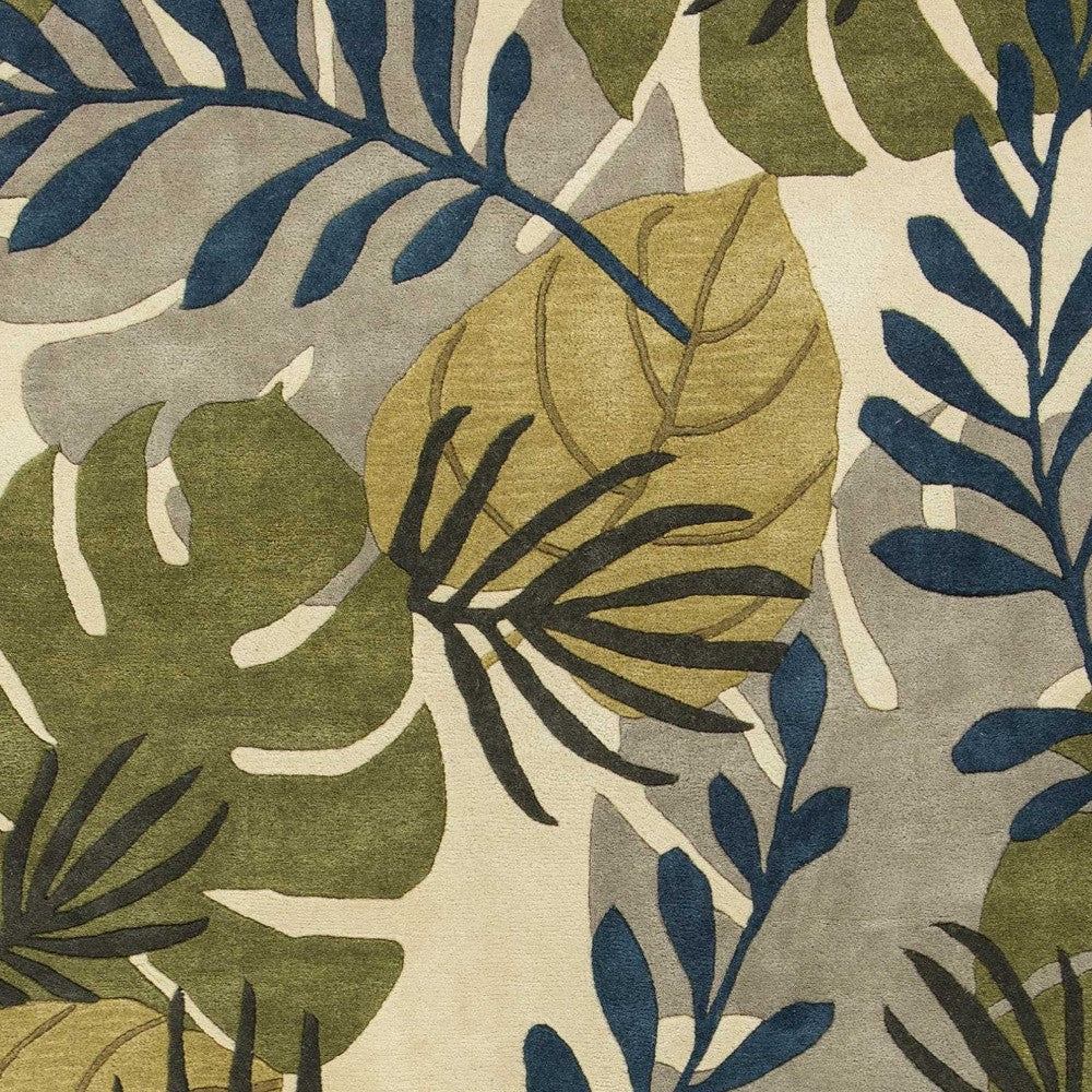 5' X 8' Ivory Green And Blue Wool Botanical Leaves Hand Tufted Area Rug-Area Rugs-DECOROLALA