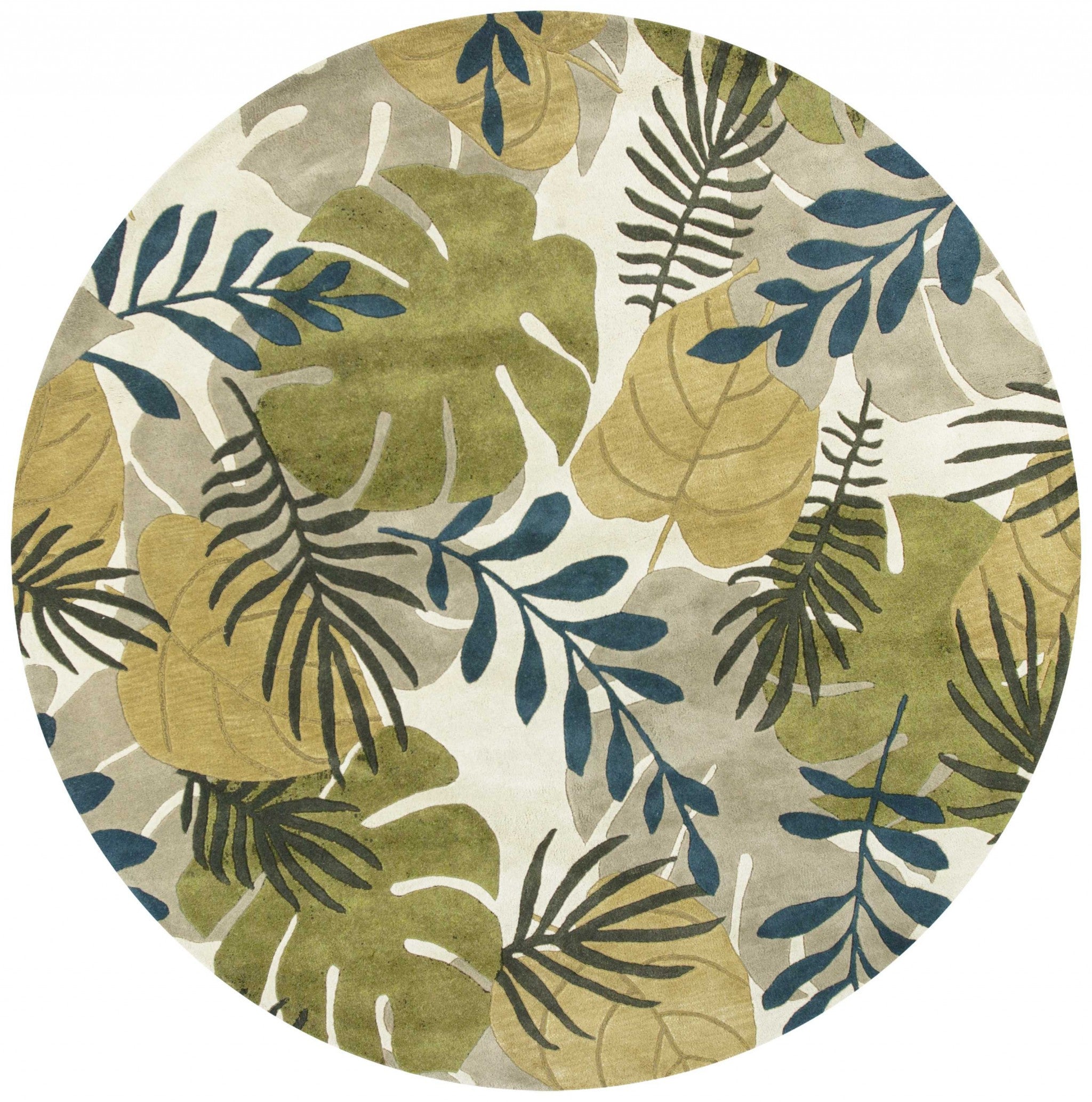 5' X 8' Ivory Green And Blue Wool Botanical Leaves Hand Tufted Area Rug-Area Rugs-DECOROLALA