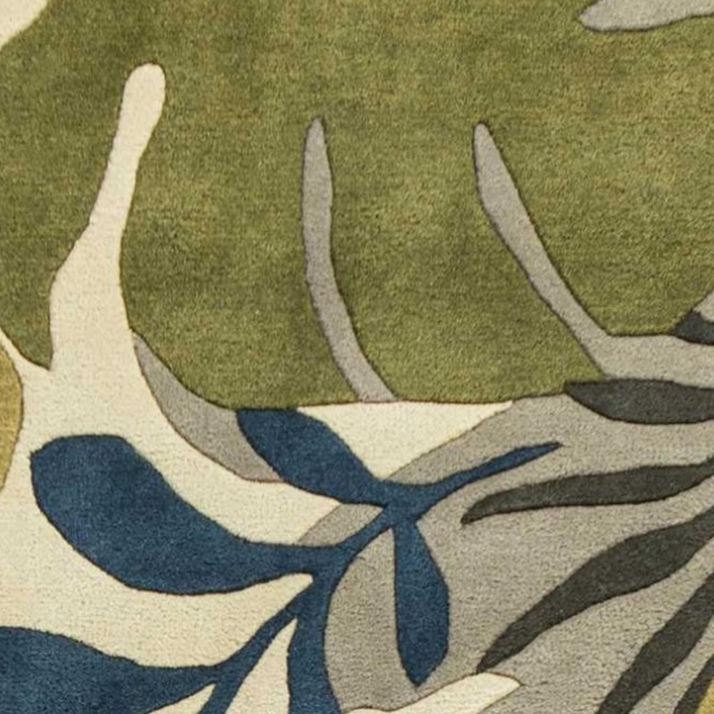 5' X 8' Ivory Green And Blue Wool Botanical Leaves Hand Tufted Area Rug-Area Rugs-DECOROLALA