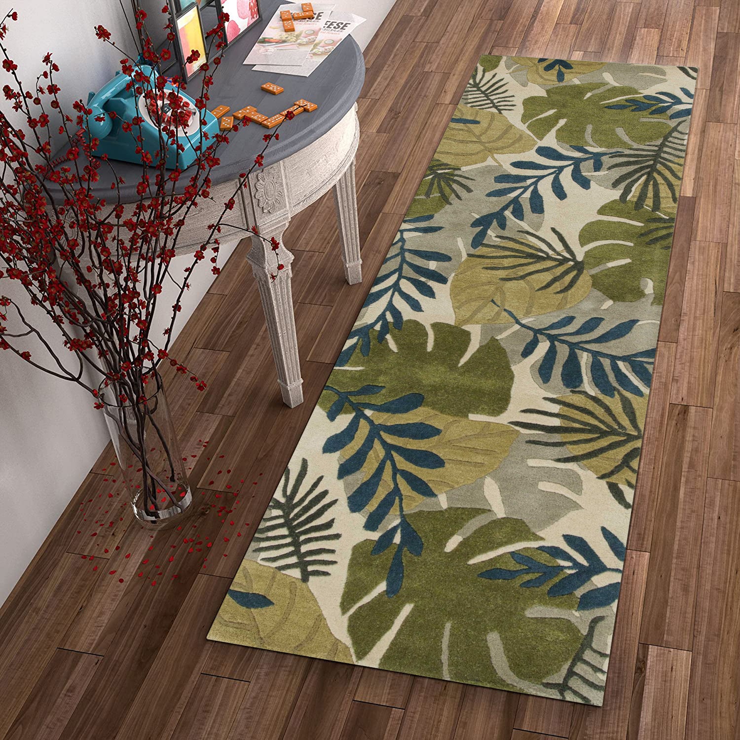 5' X 8' Ivory Green And Blue Wool Botanical Leaves Hand Tufted Area Rug-Area Rugs-DECOROLALA
