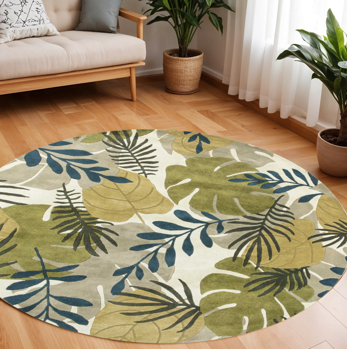 5' X 8' Ivory Green And Blue Wool Botanical Leaves Hand Tufted Area Rug-Area Rugs-DECOROLALA