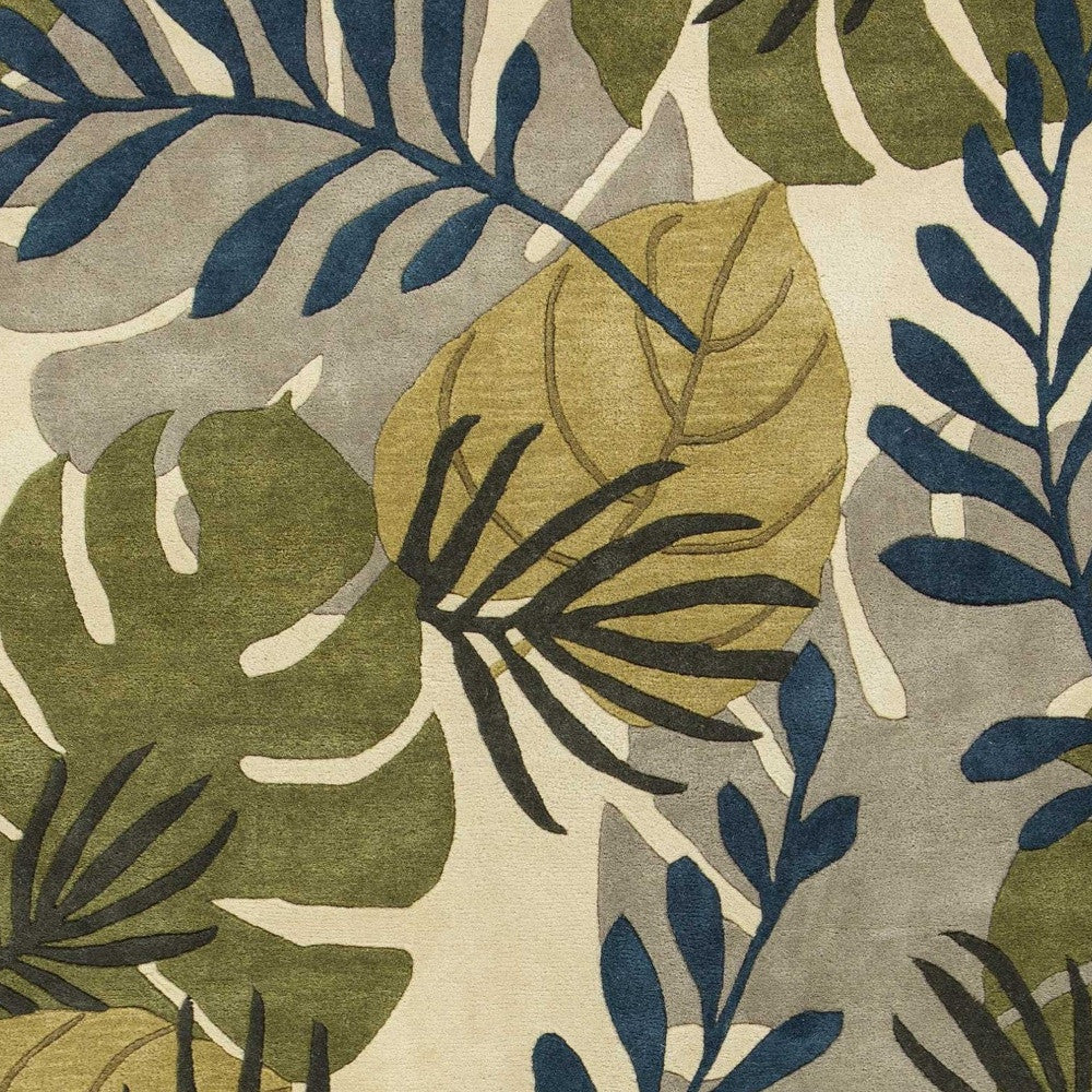5' X 8' Ivory Green And Blue Wool Botanical Leaves Hand Tufted Area Rug-Area Rugs-DECOROLALA