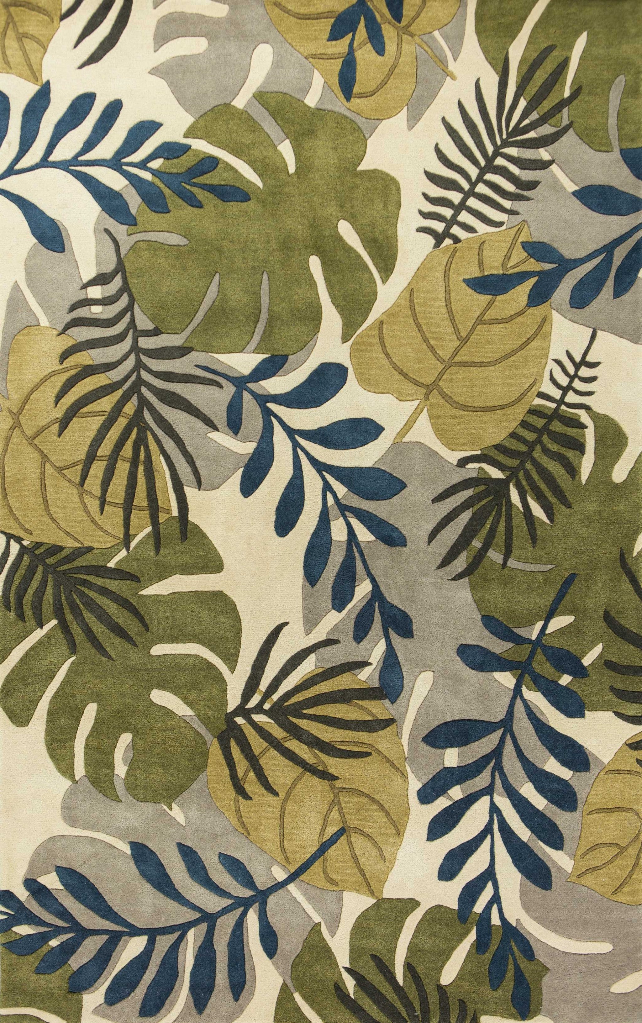 5' X 8' Ivory Green And Blue Wool Botanical Leaves Hand Tufted Area Rug-Area Rugs-DECOROLALA