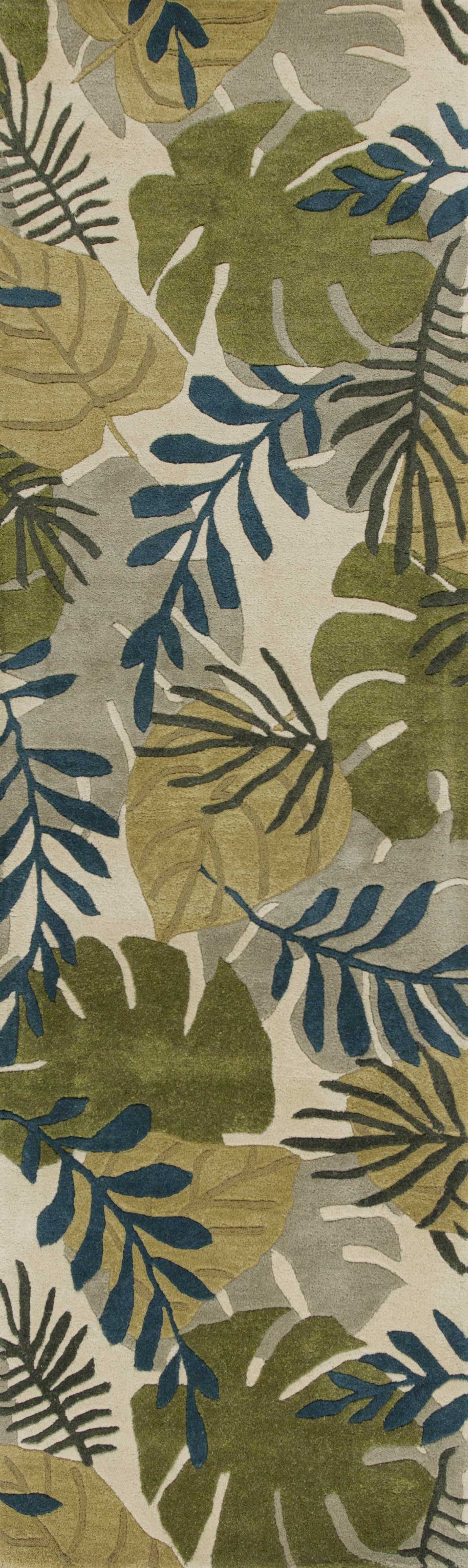 5' X 8' Ivory Green And Blue Wool Botanical Leaves Hand Tufted Area Rug-Area Rugs-DECOROLALA