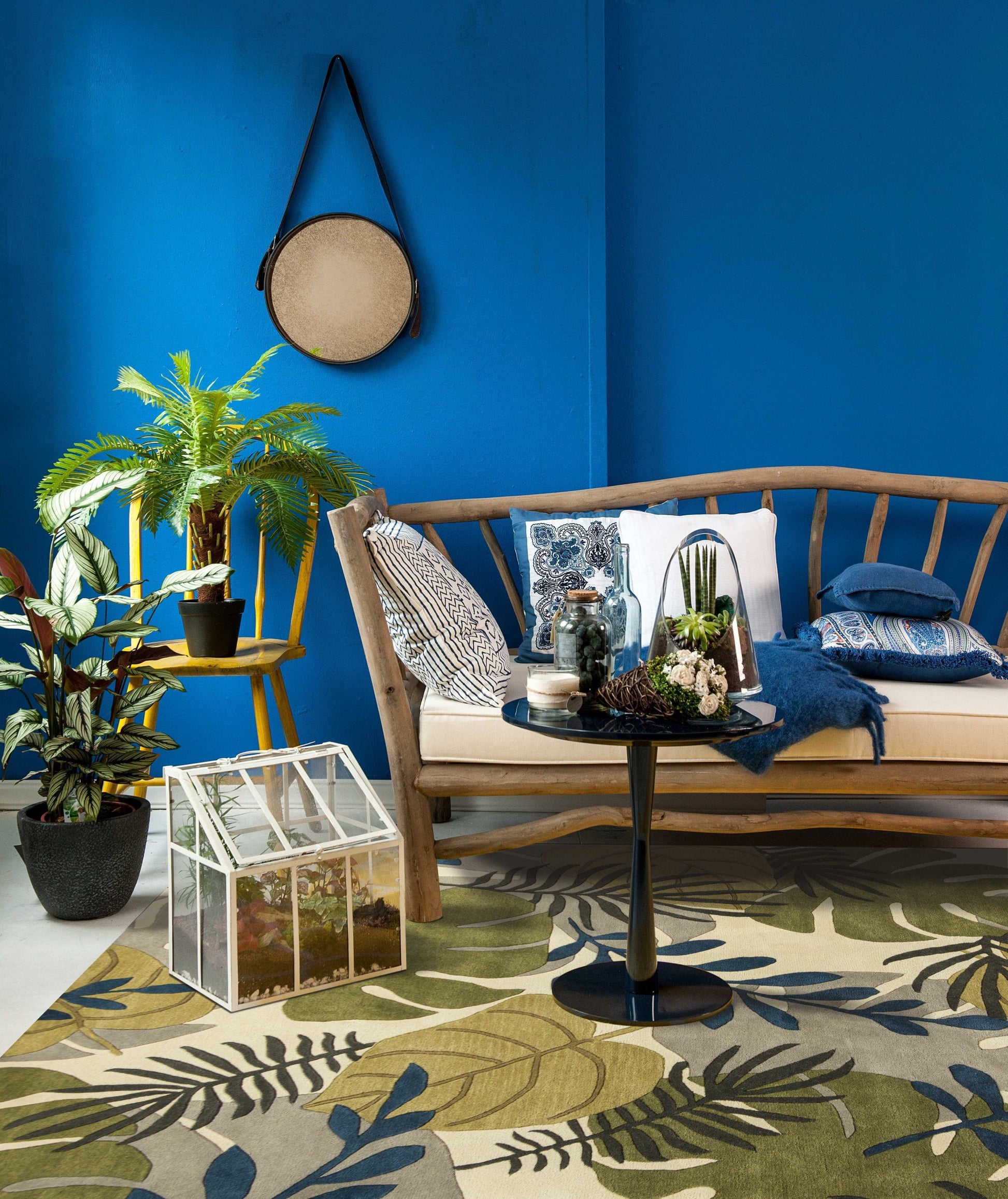 5' X 8' Ivory Green And Blue Wool Botanical Leaves Hand Tufted Area Rug-Area Rugs-DECOROLALA